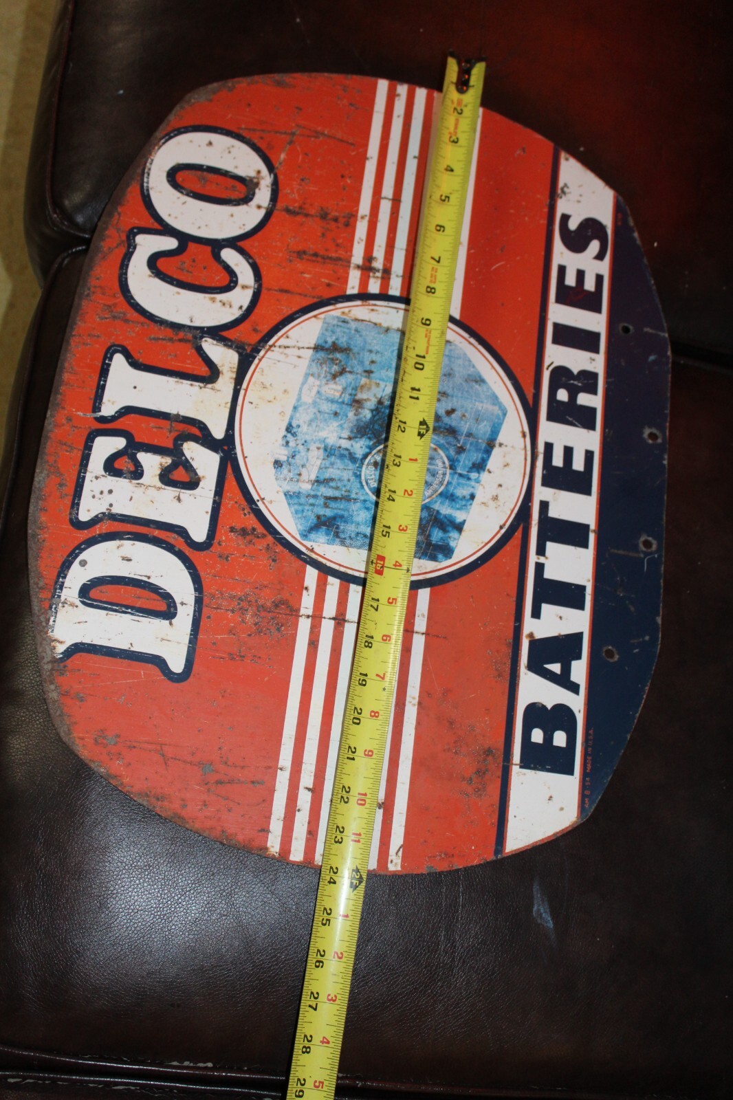 SCARCE 1954 DELCO BATTERIES 2-SIDED PAINTED METAL DEALER SIGN GMC CHEVY GAS OIL