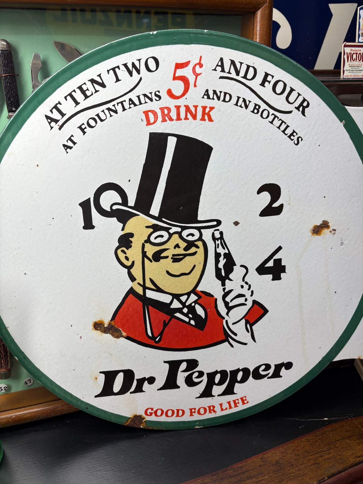 OLD “Dr PEPPER 10-2-4″ LARGE PORCELAIN FLANGE ADVERTISING SIGN, (19″x 18”) NICE