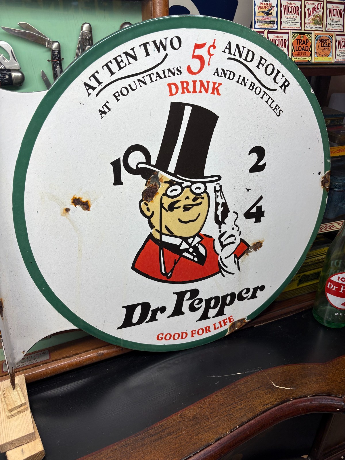 OLD “Dr PEPPER 10-2-4″ LARGE PORCELAIN FLANGE ADVERTISING SIGN, (19″x 18”) NICE