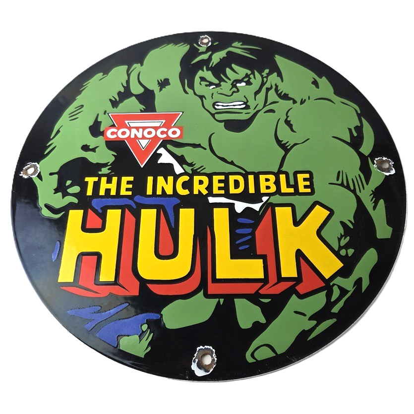 Vintage Conoco Incredible Hulk Porcelain Sign – Marvel Gas Station Sign