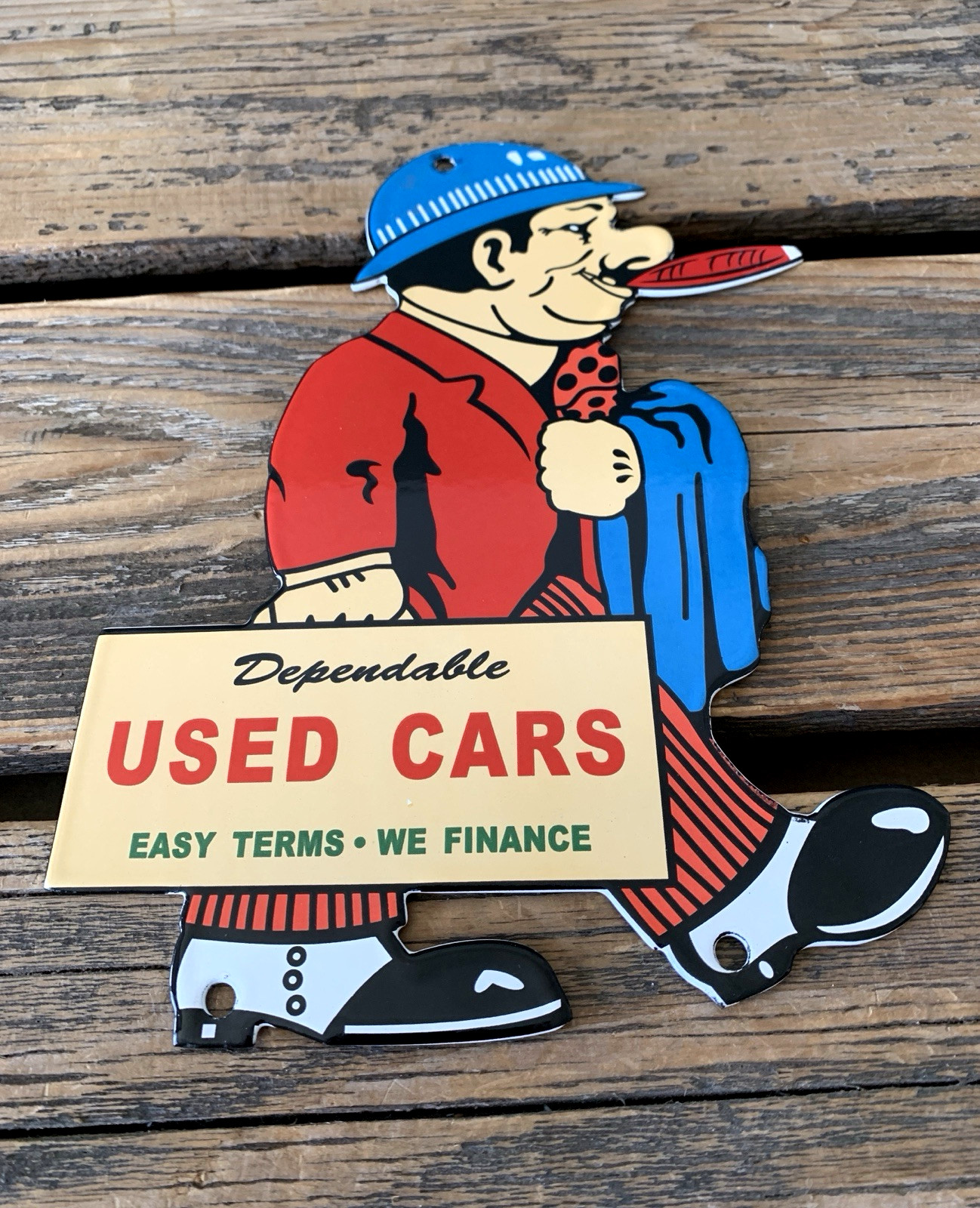 VINTAGE Dependable USED CARS DEALERSHIP 9.75×7″ OIL GAS STATION PORCELAIN SIGN