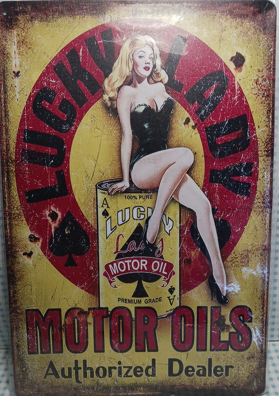 Lucky Lady Motor Oil Service Garage Dealer Retro Pinup Girl Metal Tin Sign 8×12