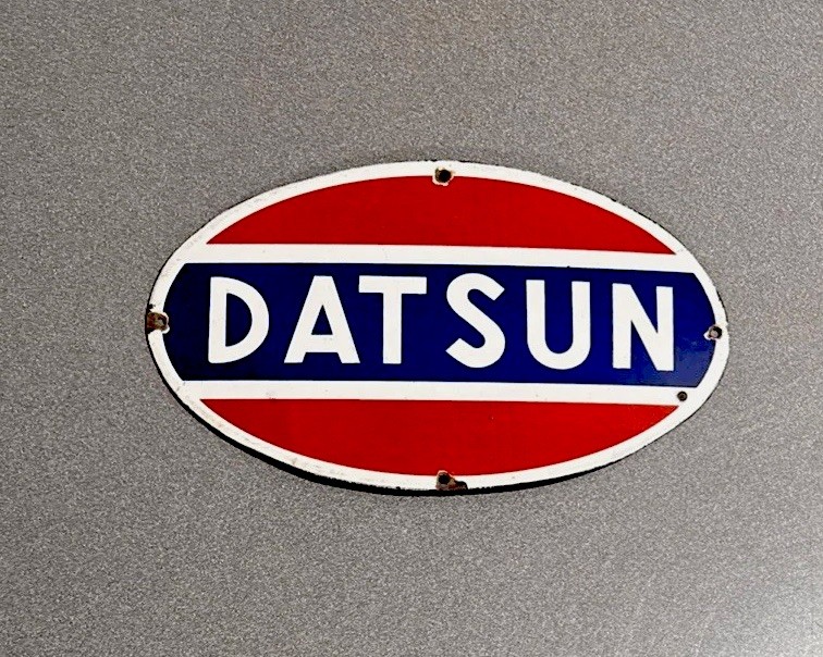 VINTAGE 12” DATSUN NISSAN DEALERSHIP PORCELAIN SIGN CAR OIL GAS MOTORCYCLE TRUCK
