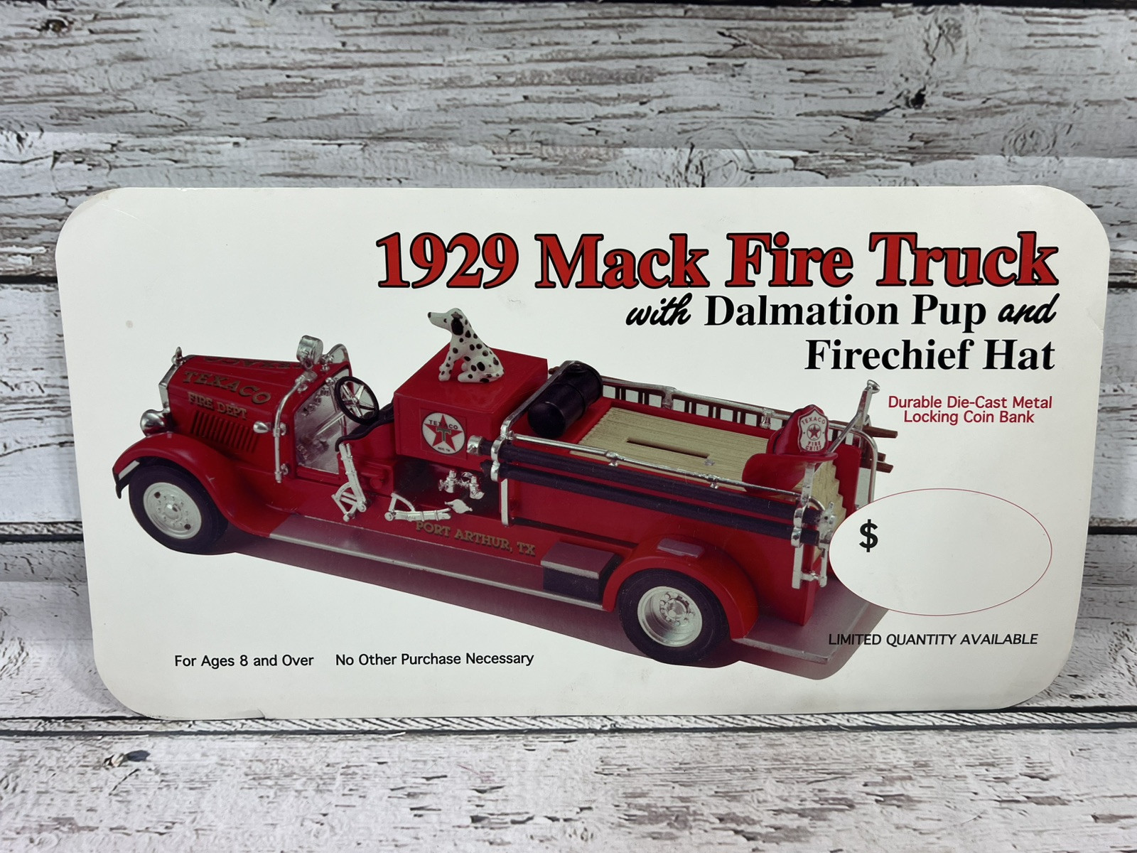 VTG 1929 Mack Fire Truck With Dalmation Pup & Firechief Hat Texaco Store Sign