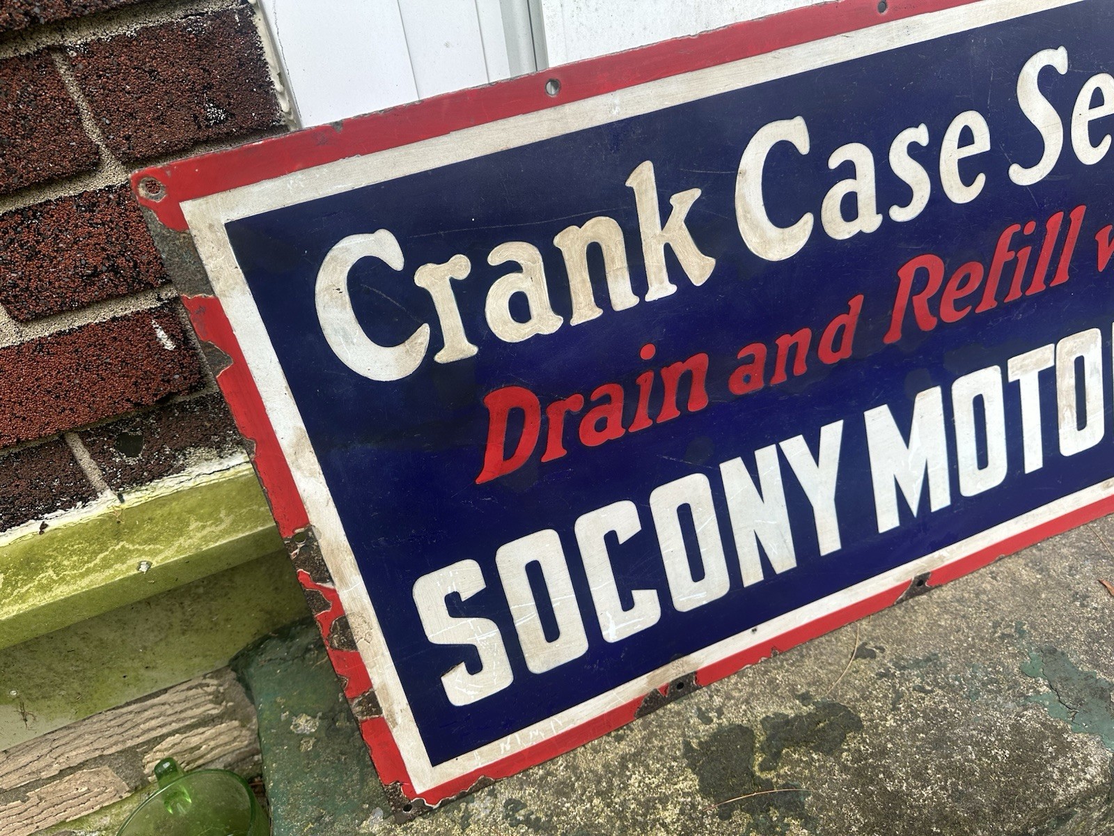 Socony Oil Crankcase Service Porcelain Sign 18” X 35.75” 1960s Gas station