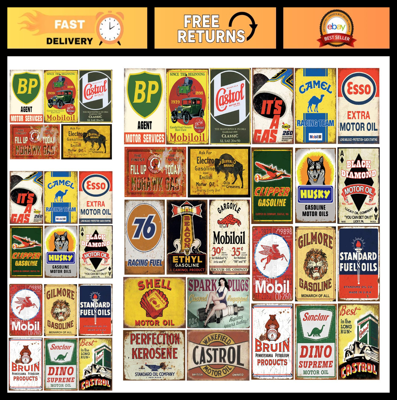 24 Retro Vintage Gas & Oil Tin Signs – Metal Wall Art for Home, Man Cave, Garage
