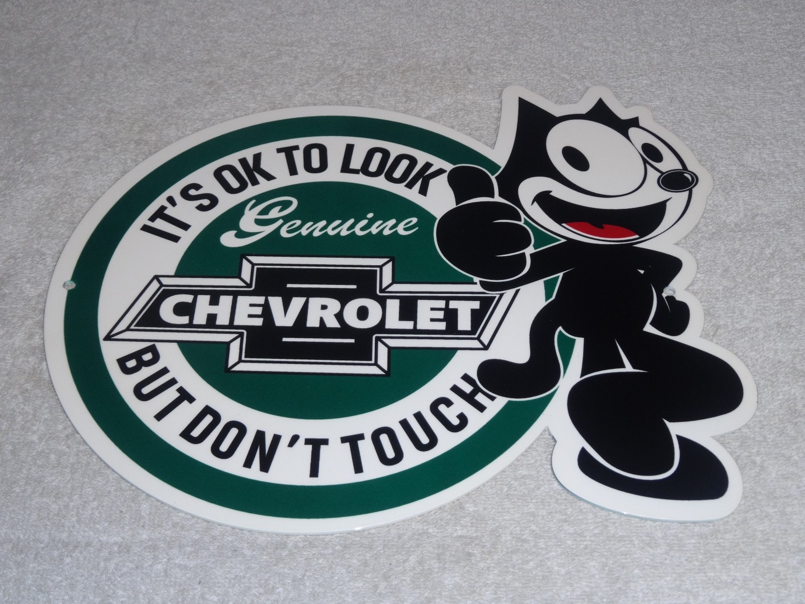 VINTAGE CHEVROLET FELIX THE CAT LOOK DONT TOUCH 12″ CAR TRUCK METAL GAS OIL SIGN