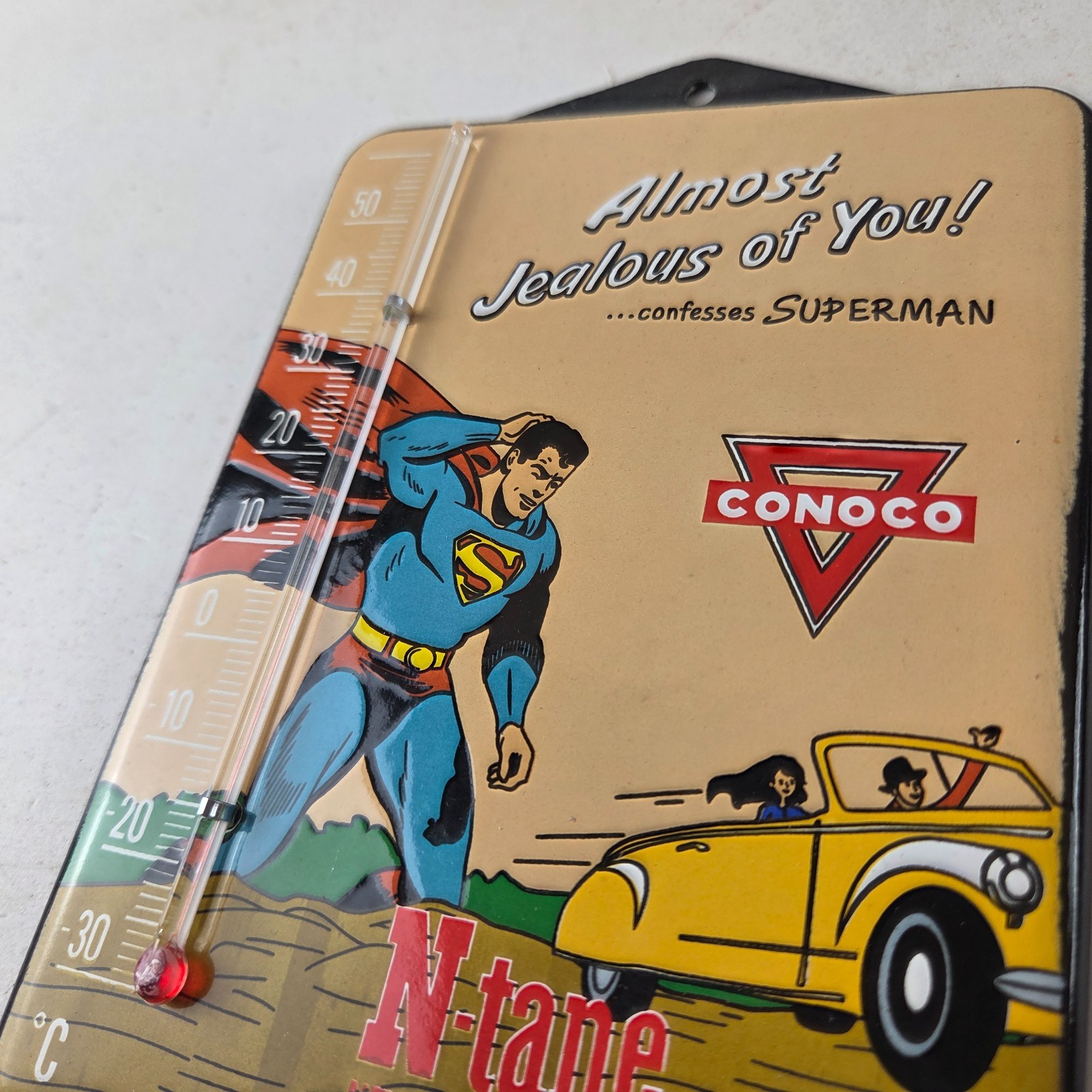 Vintage Conoco N Tane Porcelain Sign – Superman Pump Ad Sign On Thermometer