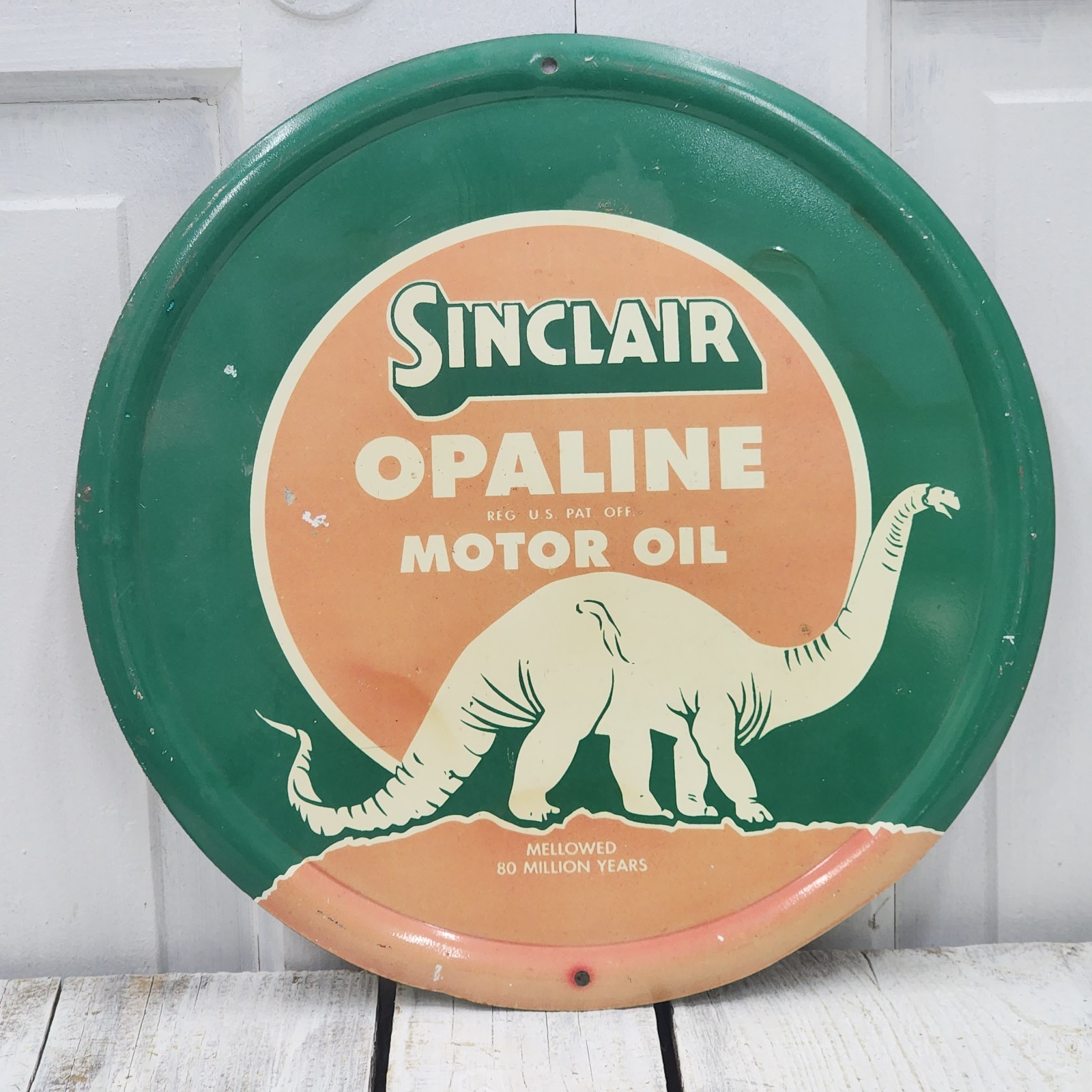 Sinclair Opaline Motor Oil Metal Sign – 12″ diameter – Vintage – Sinclair Dino