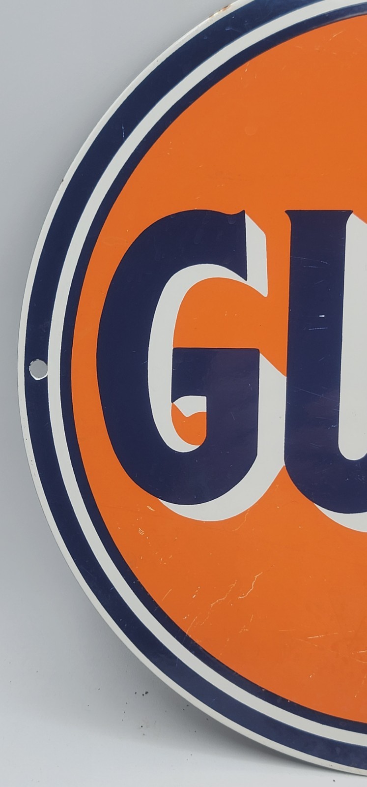 Vintage Gulf Gasoline Oil Porcelain Enameled Metal Sign