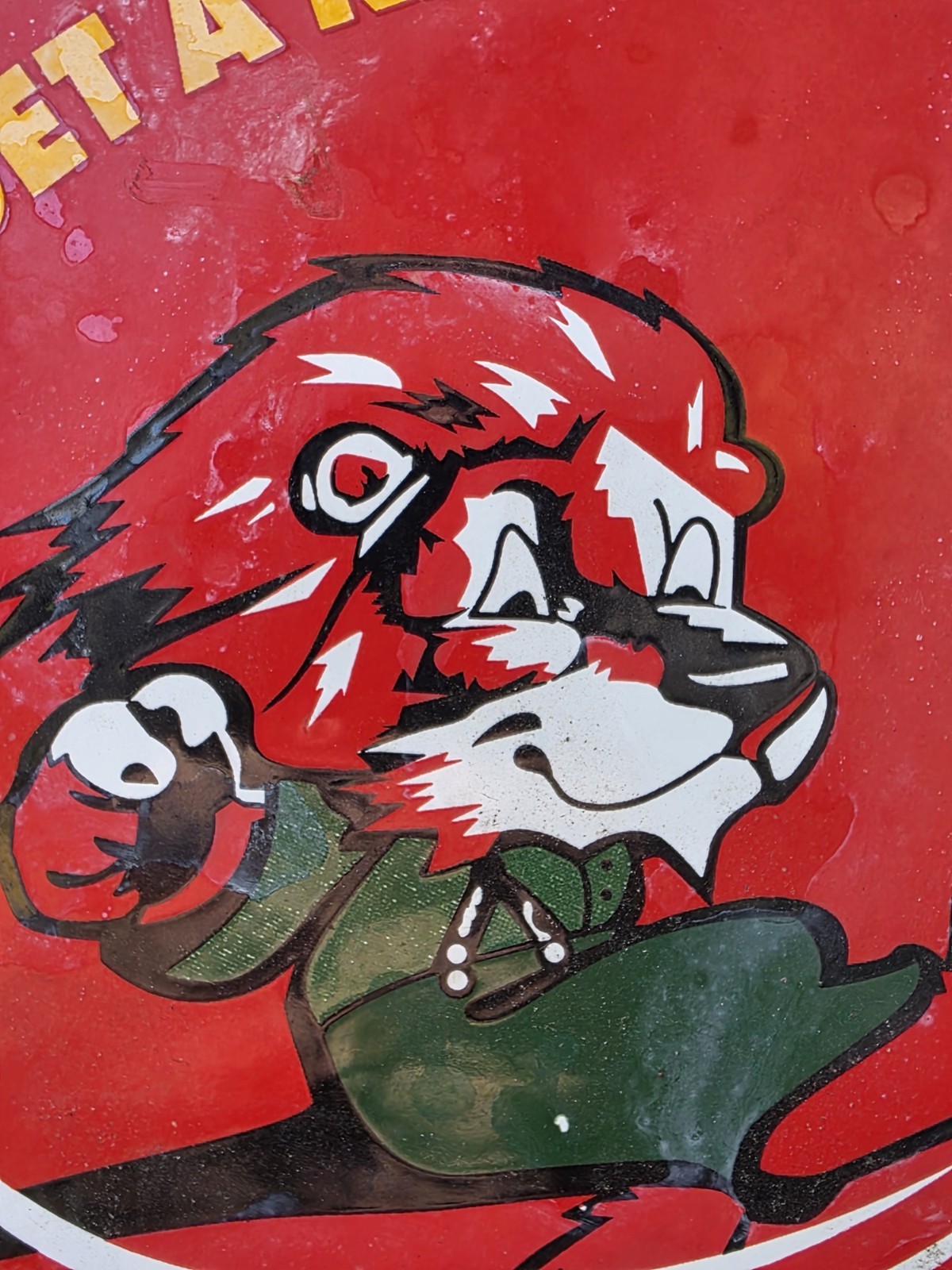VINTAGE GILMORE PORCELAIN SIGN – YOU’LL GET A KICK OUTA RED LION GAS 12″