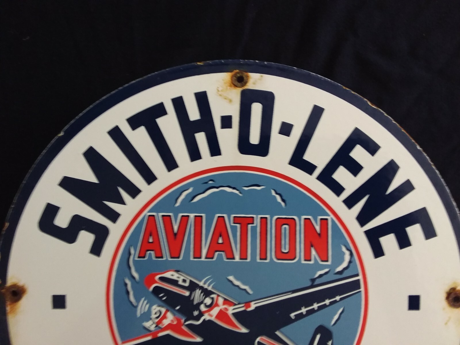VINTAGE SMITH-O-LENE AVIATION GASOLINE / MOTOR OIL PORCELAIN GAS PUMP SIGN