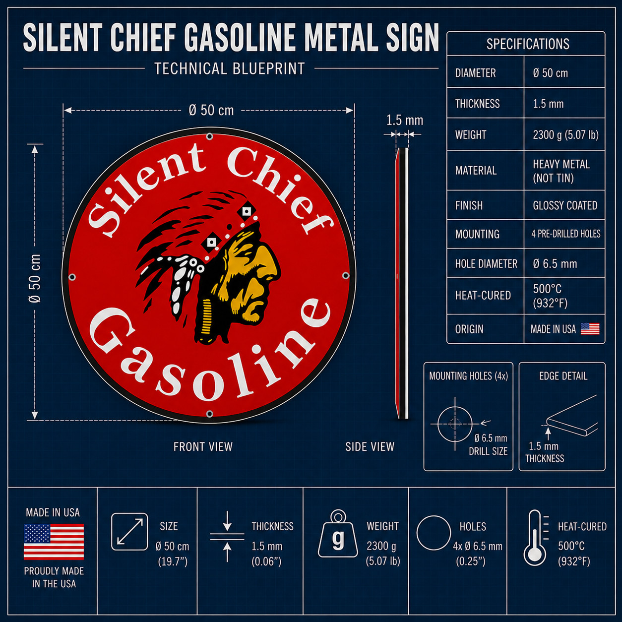 Silent Chief Gasoline Sign – Heavy Metal Garage Decor – 50 cm (19.7”)