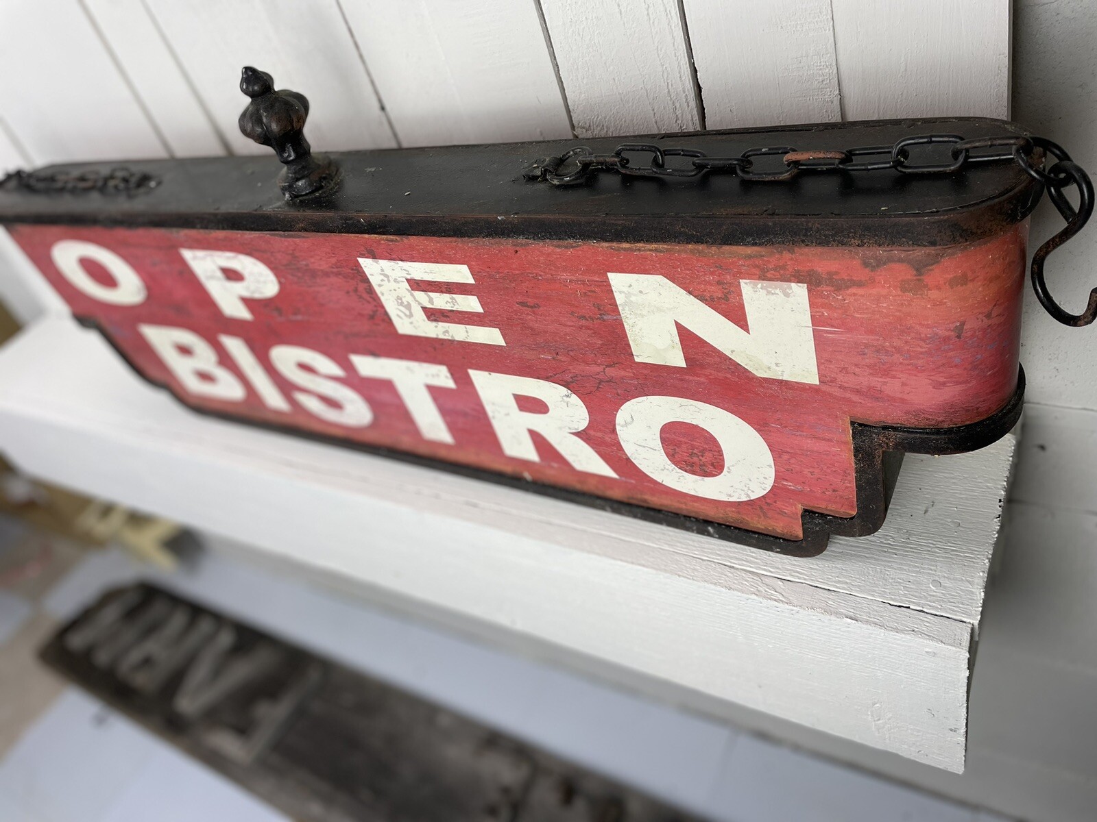 DOUBLE SIDED METAL BISTRO SIGN LARGE 34″ RETRO REPRO RED BLACK WHITE AGED BEAUTI
