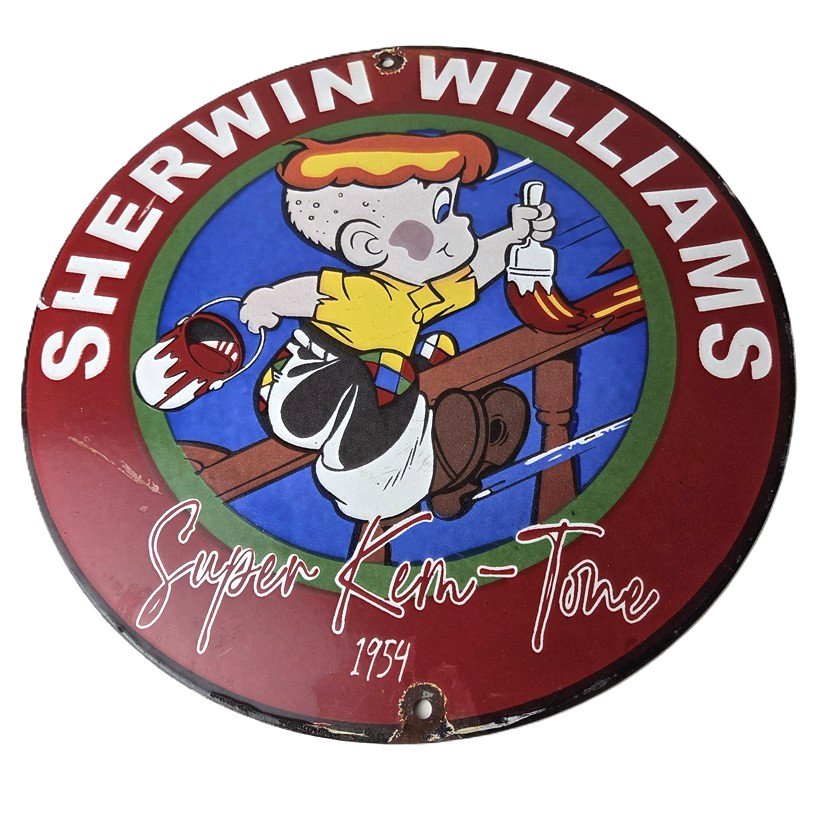 Vintage Sherwin Williams Sign – Paint Brush Painting Comic Gas Porcelain Sign