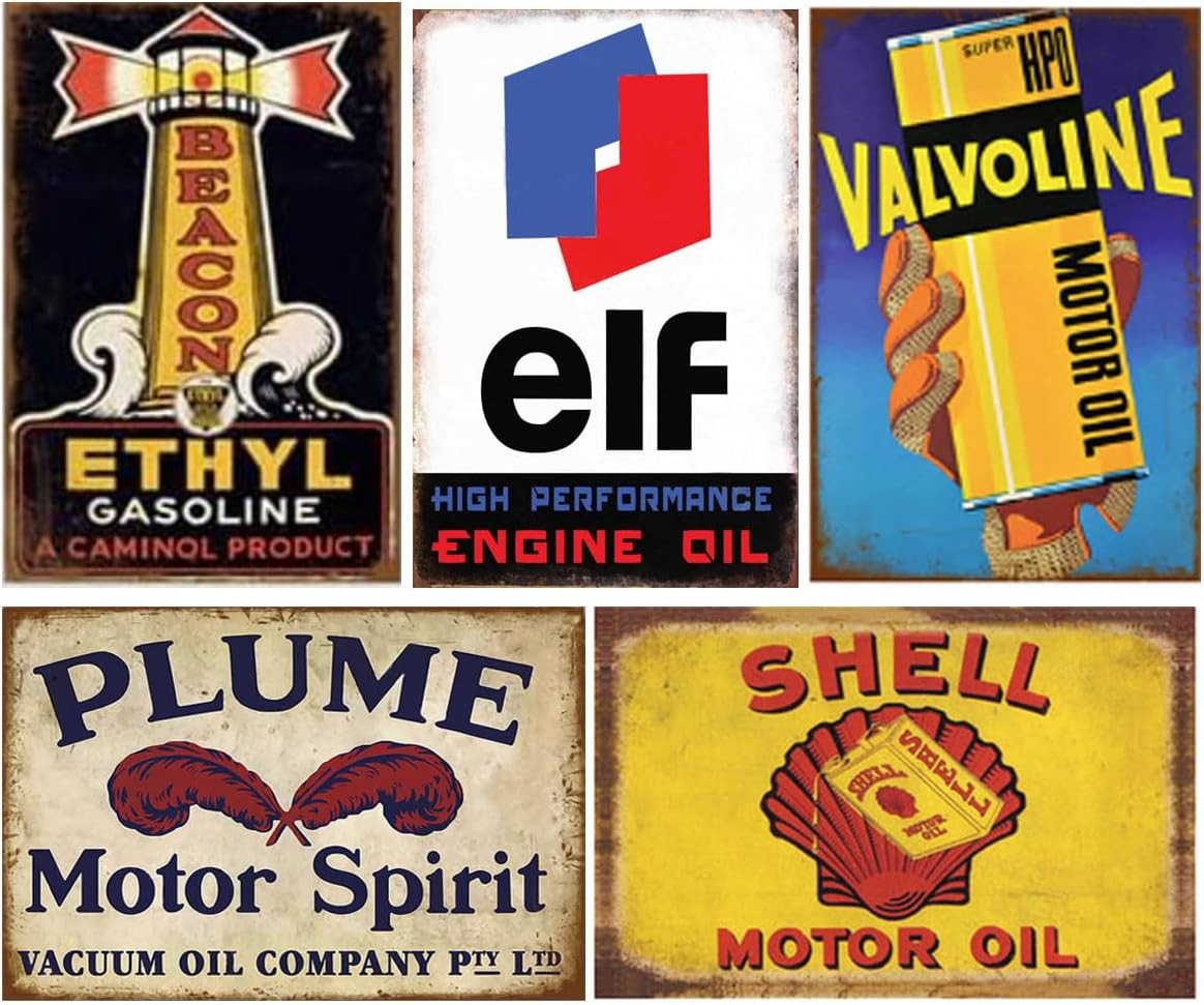 Reproduced Vintage Tin Sign Pack, Gas Oil Retro Advert Antique Metal Signs for G