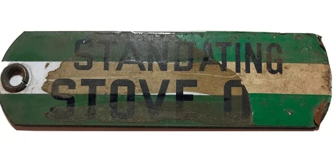 Drw- ORIGINAL Standating Stove Oil Company- Fuel Tag -Porcelain Sign ￼1″ X5.5″
