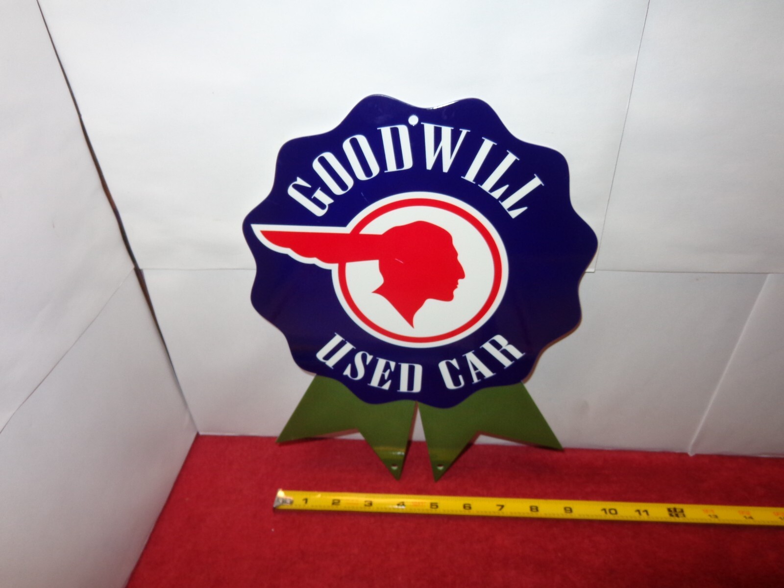 8 3/4 x 12 in GM PONTIAC GOODWILL USED CARS ADV. SIGN HEAVY DIE CUT METAL #S 30