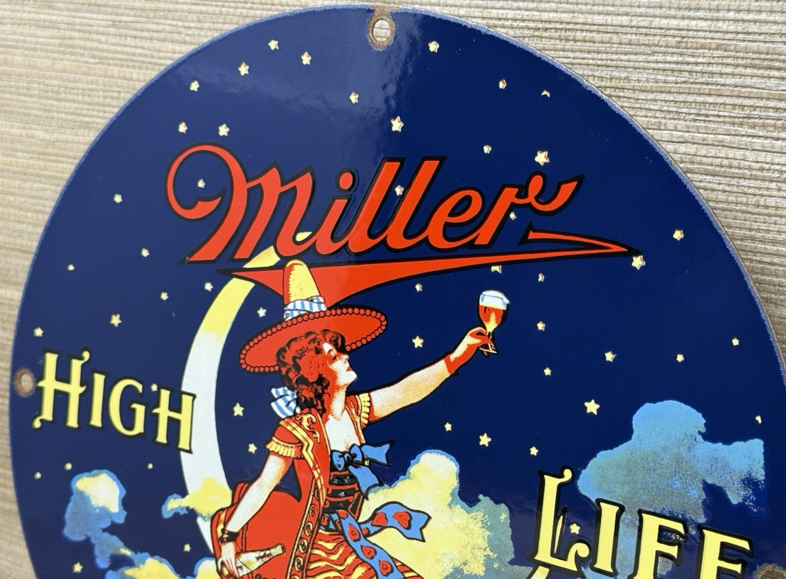 VINTAGE MILLR HIGH LIFE BEER PORCELAIN SIGN GAS STATION OIL LIQUOR STORE BOTTLE