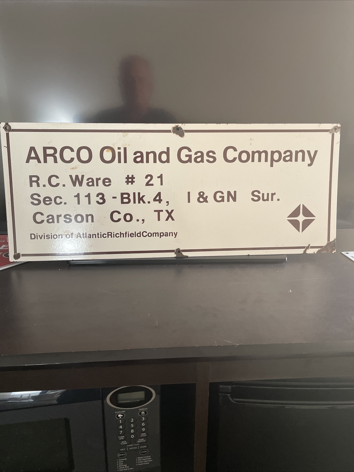 AUTHENTIC & ORIGINAL “ARCO OIL & GAS COM. ” 12 X30 INCH PORCELAIN SIGN