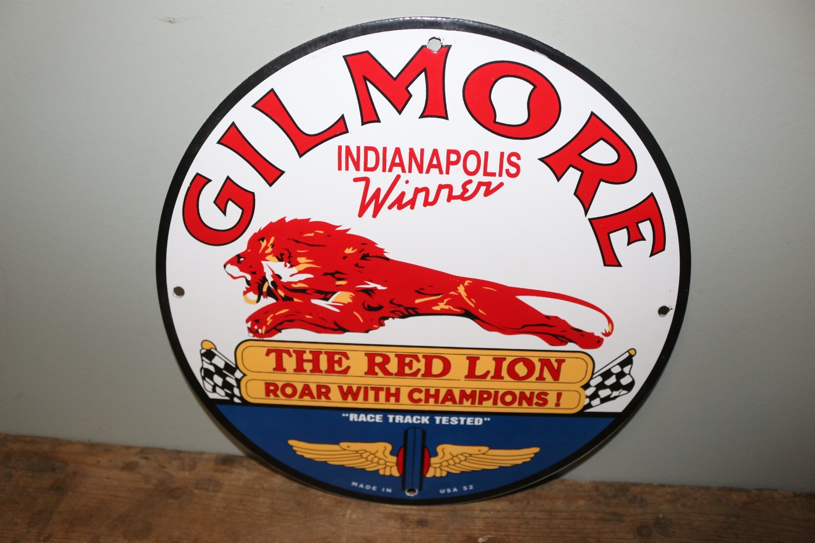 Vtg Dated 1952 Gilmore Red Lion Gasoline Gas Station 12″ Porcelain Metal Sign