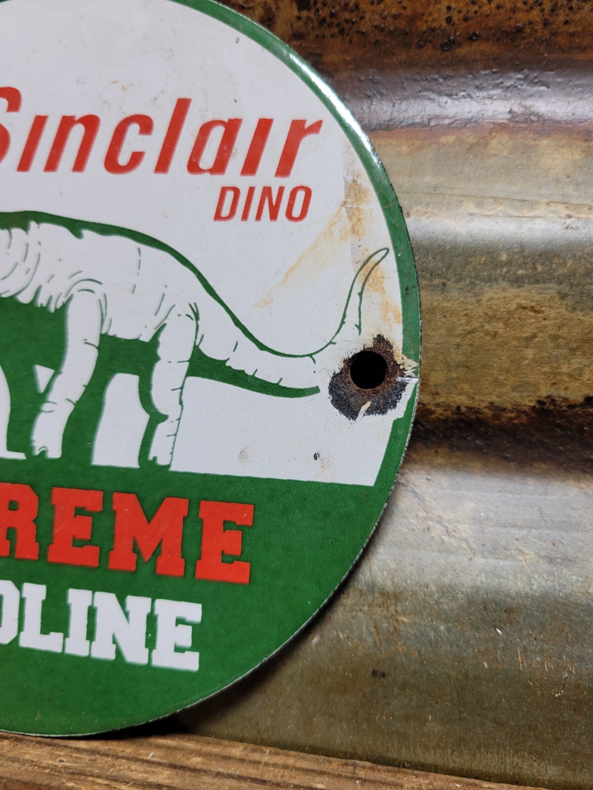 VINTAGE SINCLAIR PORCELAIN SIGN DINO SUPREME GASOLINE MOTOR OIL SALES SERVICE 6″