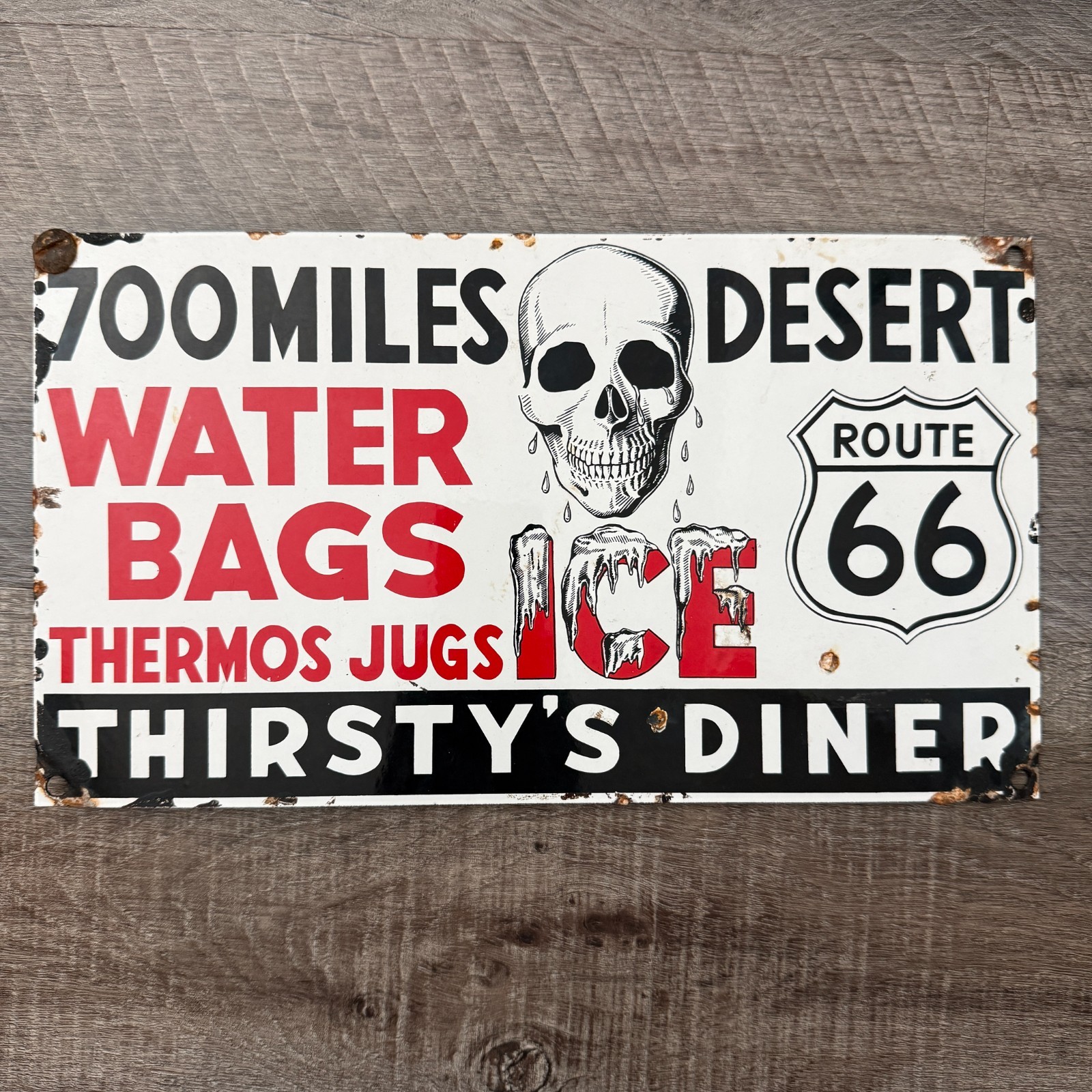 Vintage Ande Rooney Route 66 Thirsty’s Diner 700 Miles Porcelain Sign 12.25 x 7″