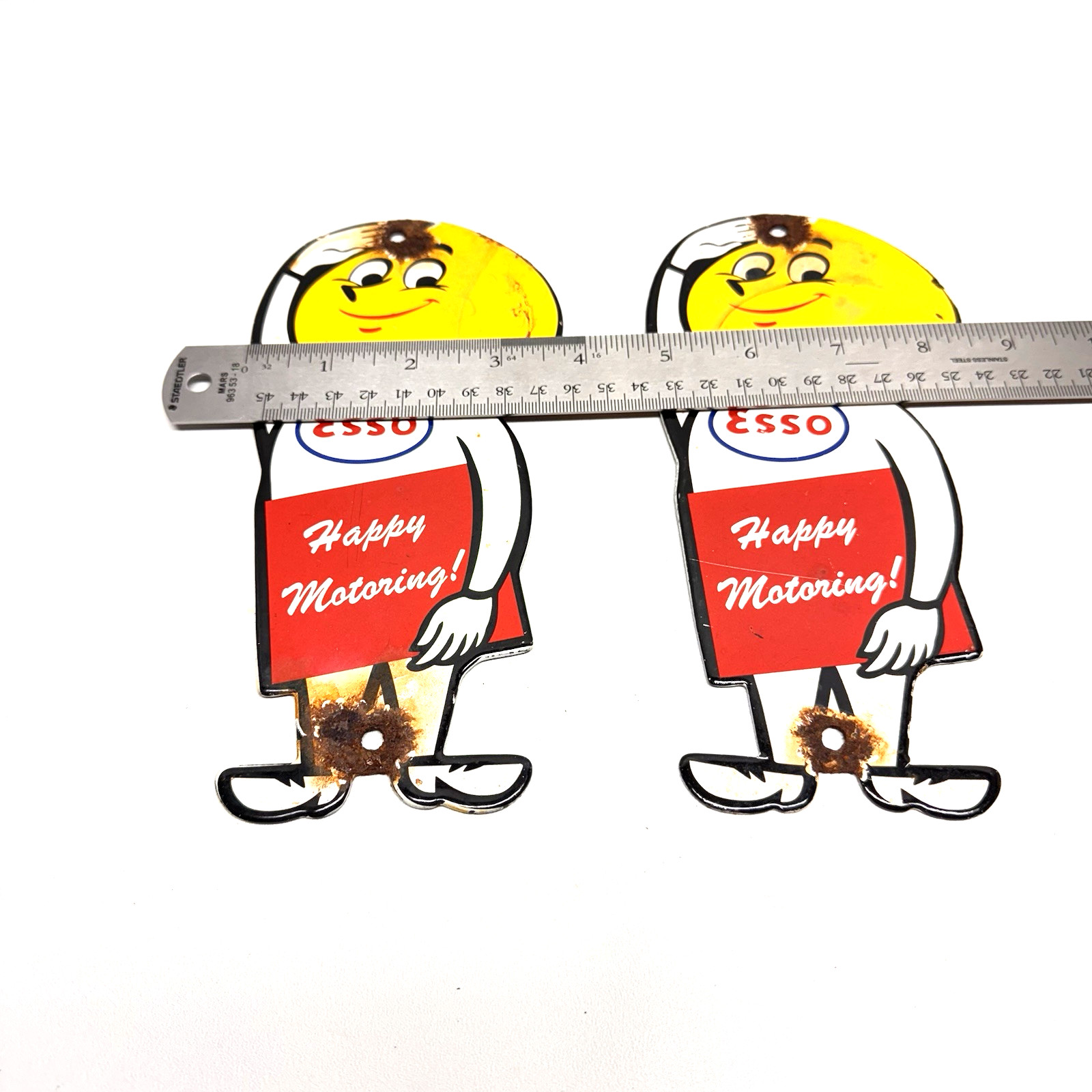 Vintage Esso Oil Drop Happy Motoring Porcelain Sign Service Station Set of 2