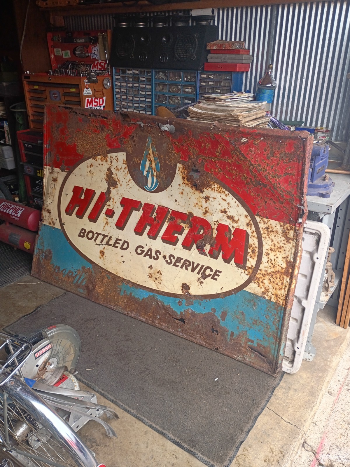 Hi-Therm Bottled Gas Service Metal Advertising Sign Red White Blue Gas & Oil
