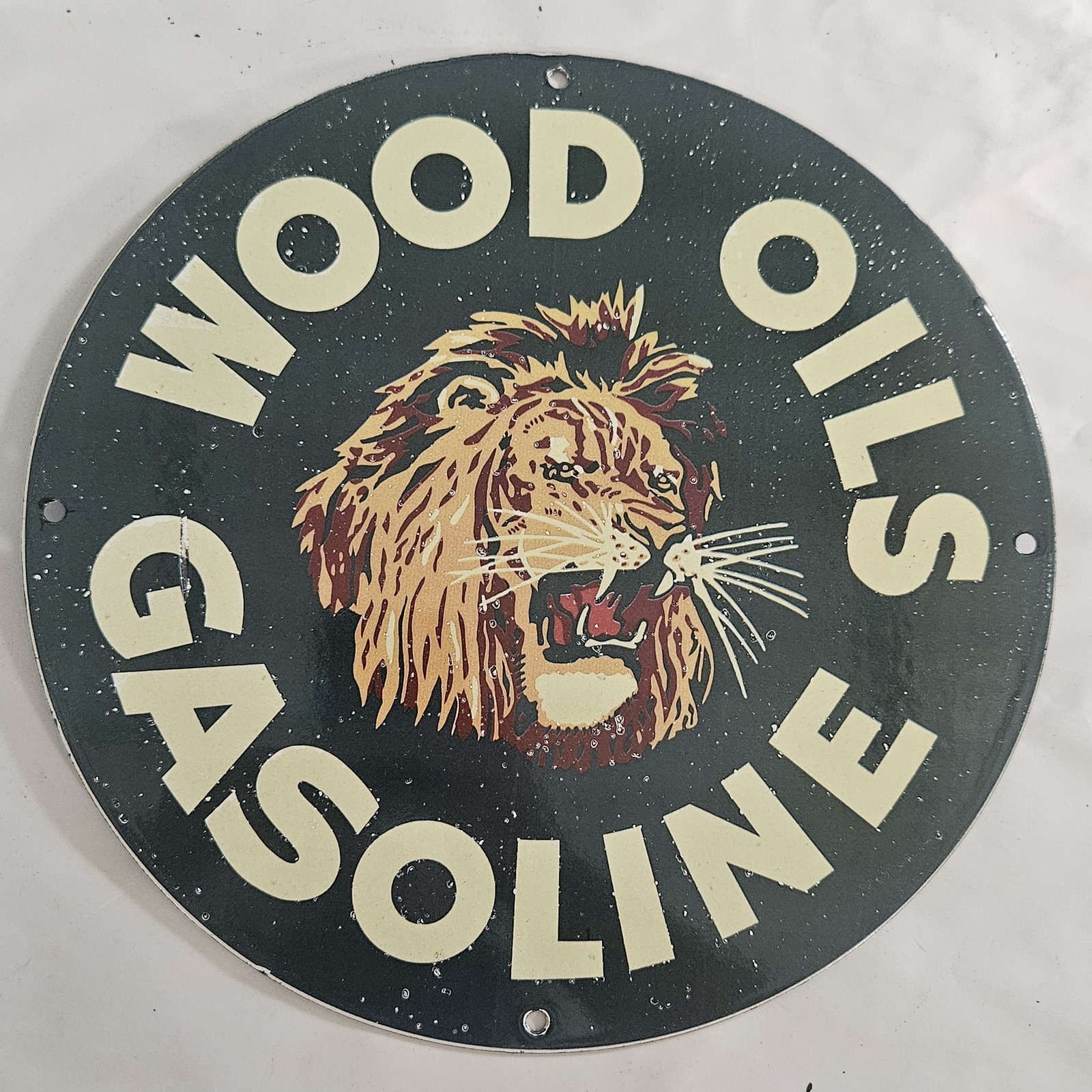 Vintage Porcelain Gasoline Sign with Majestic Lion Graphic – Rare Find!