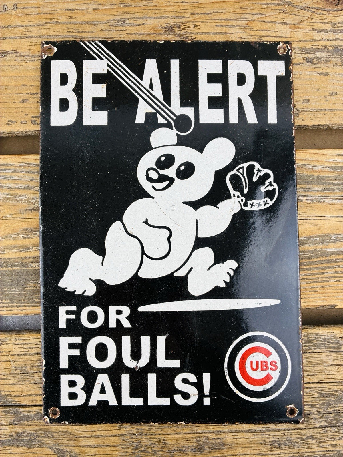 VINTAGE 12×8″ CHICAGO CUBS BEAR BASEBALL PUMP STATION GASOLINE PORCELAIN AD SIGN