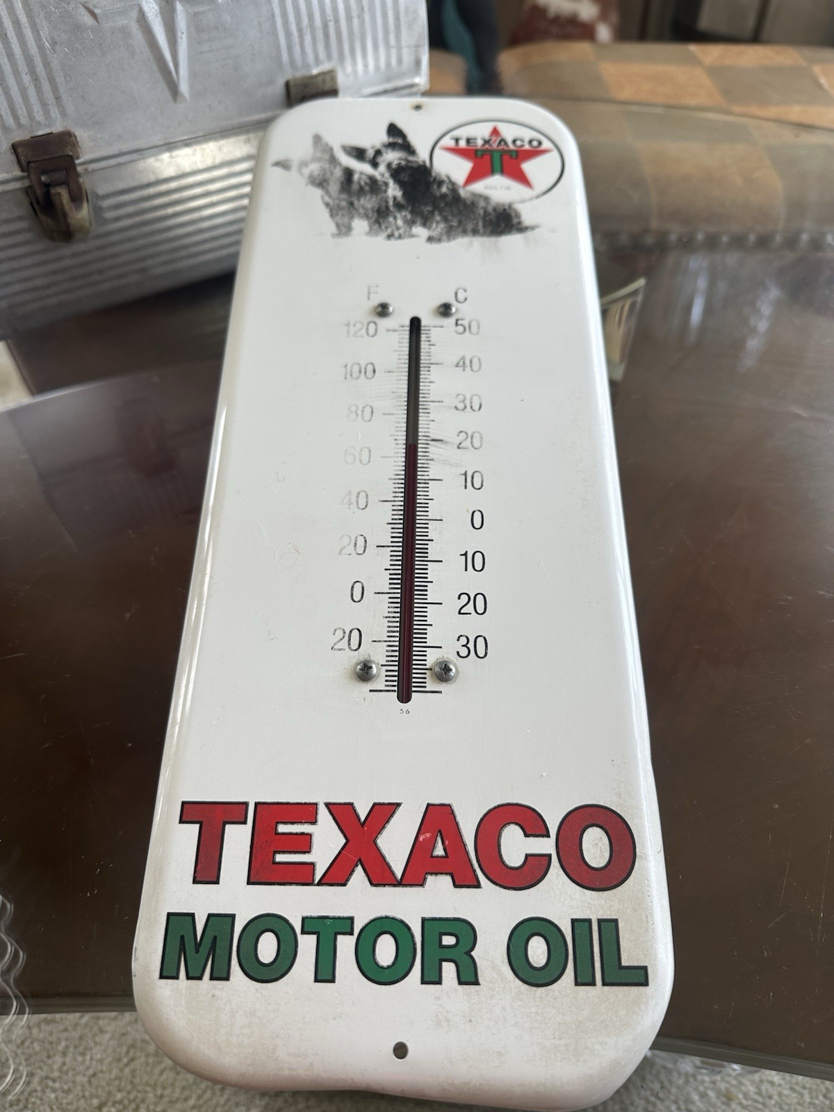 VTG 1999 Licensed R &B Texaco Motor Oil Scottie Dogs Metal Thermometer Sign 16×6