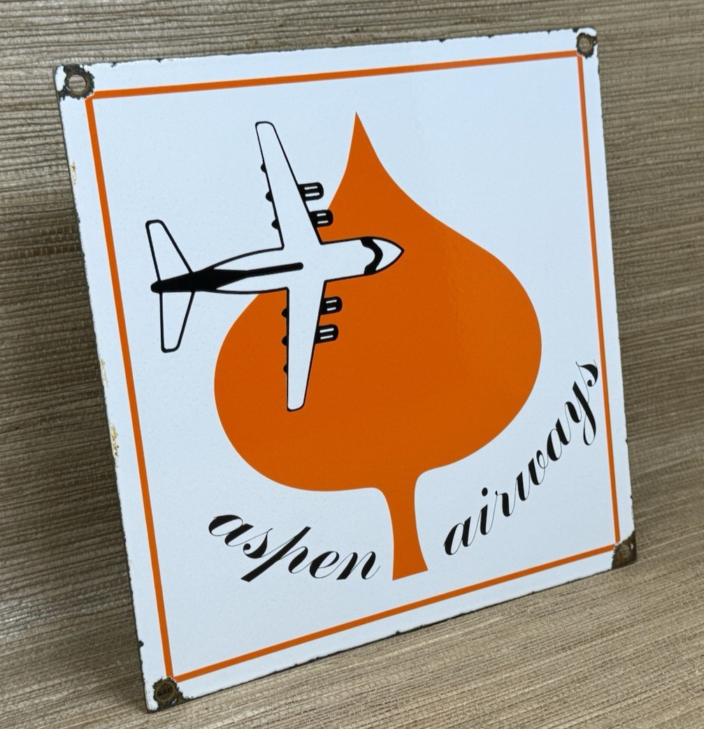 VINTAGE ASPEN AIRWAYS PORCELAIN SIGN GAS OIL AIRLINE AVIATION ORANGE LEAF PLANE