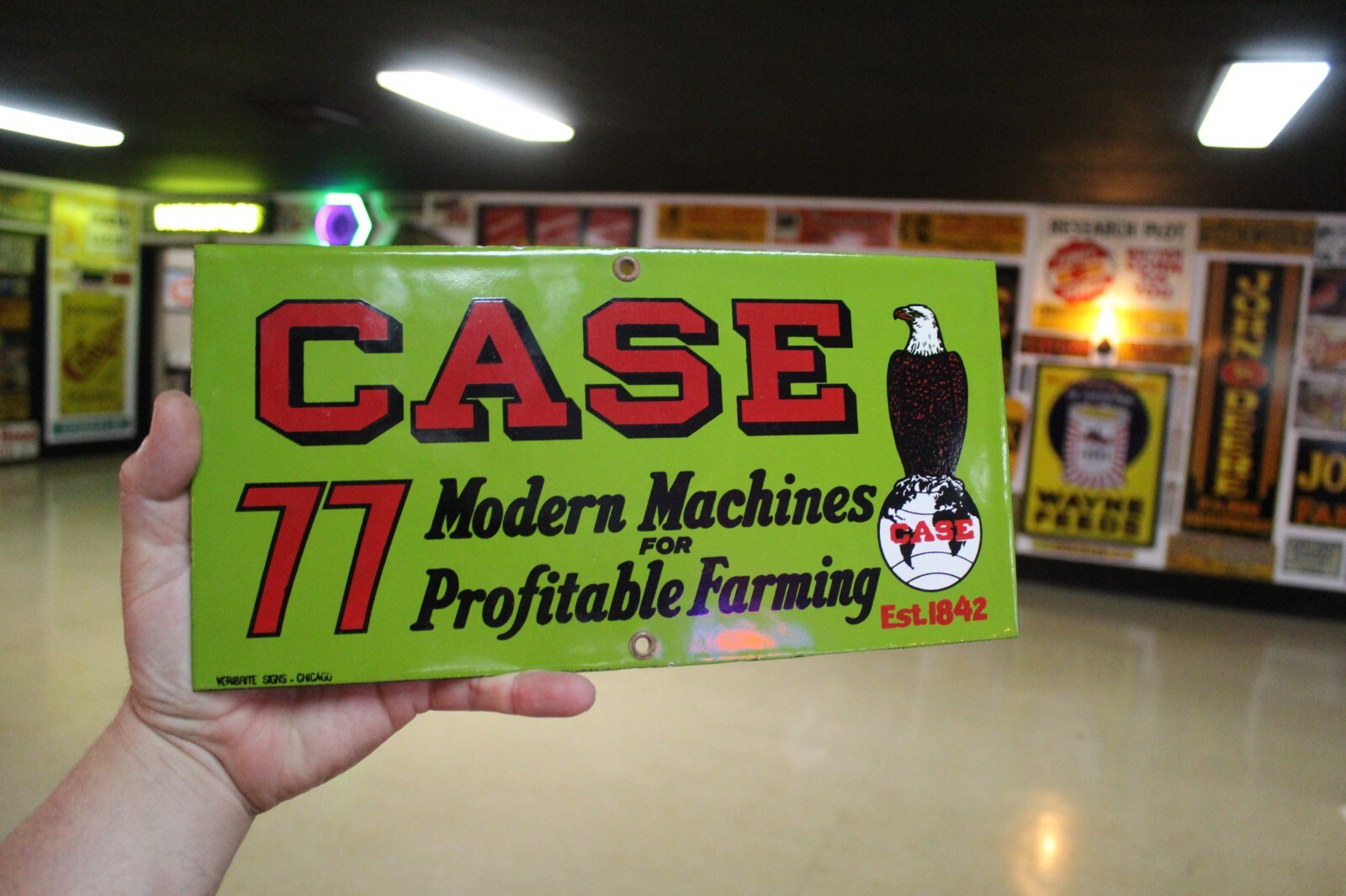 RARE CASE MODERN MACHINES TRACTOR DEALER PORCELAIN METAL SIGN EAGLE GLOBE FARM