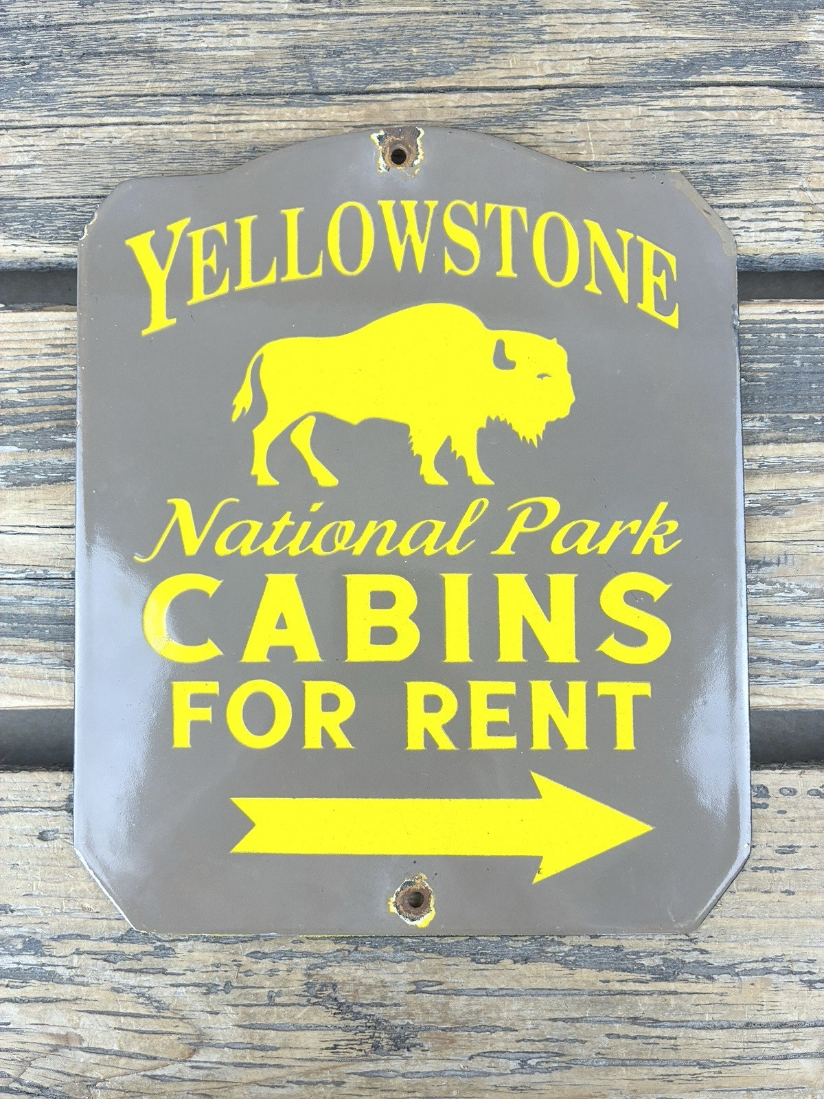 VINTAGE 10×8.25″ YELLOWSTONE NATIONAL PARK PORCELAIN GAS OIL RANGER CAMP SIGN