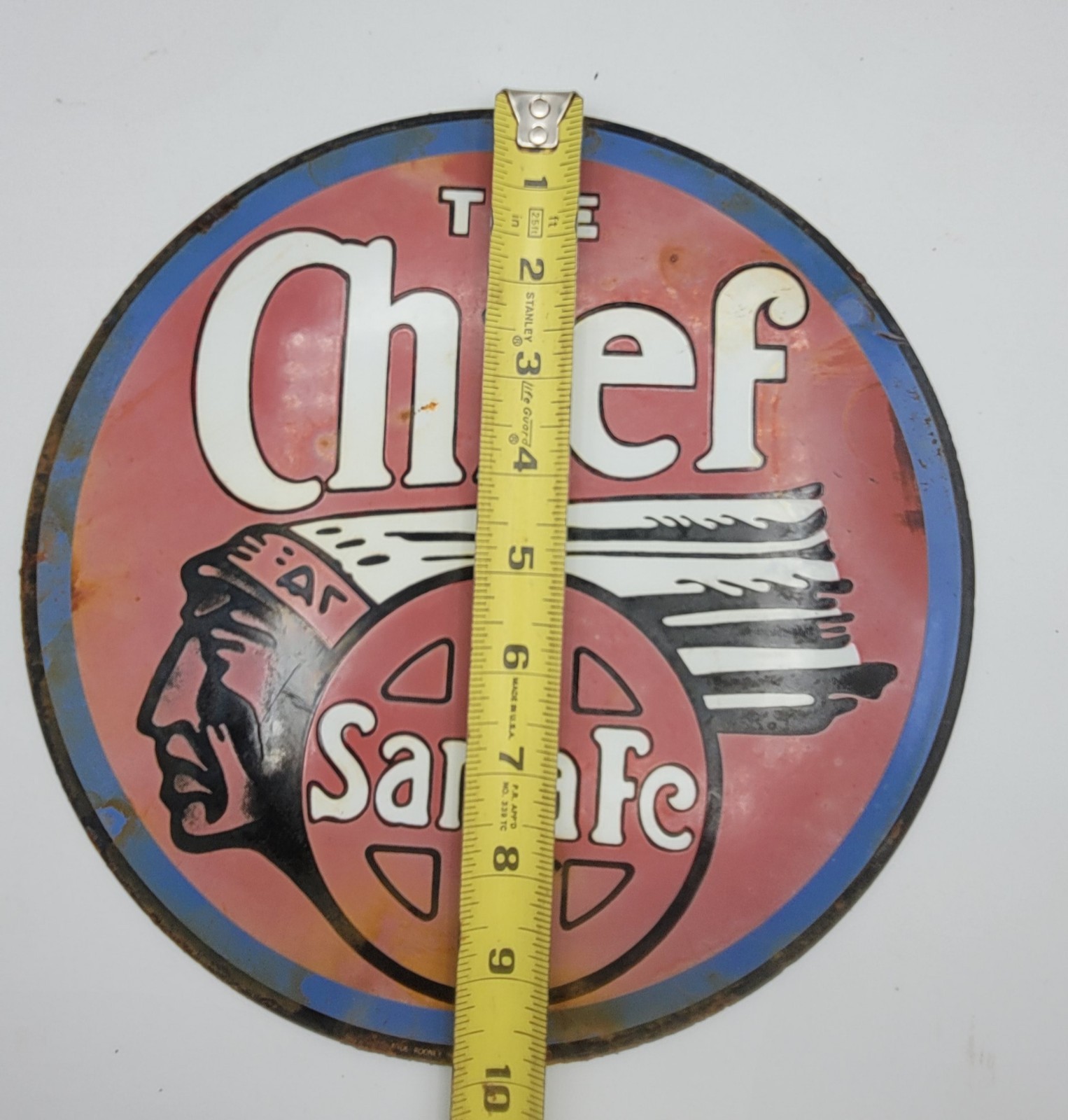 Vintage The Chief Santa Fe Railroad Railway Rustic Porcelain Enameled Metal Sign
