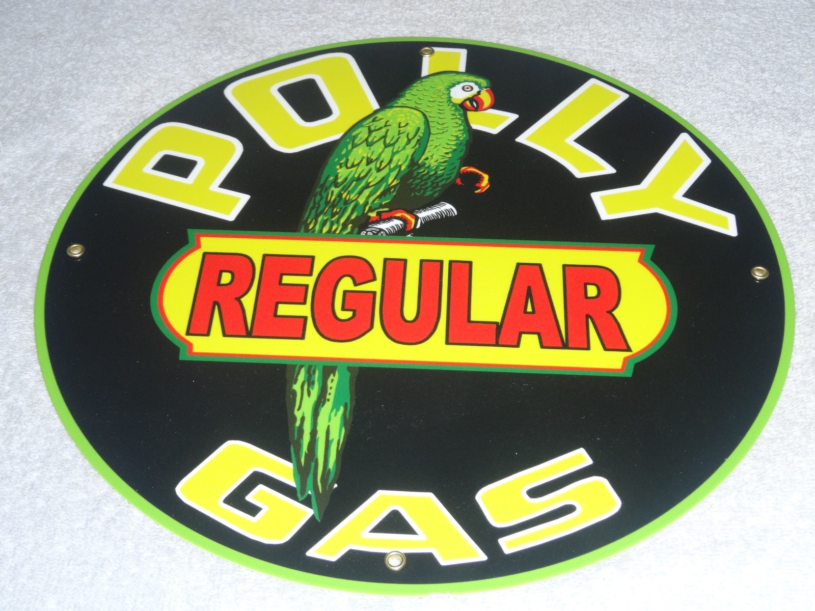 VINTAGE POLLY REGULAR GAS PARROT 🦜 11 3/4″ PORCELAIN METAL GASOLINE & OIL SIGN