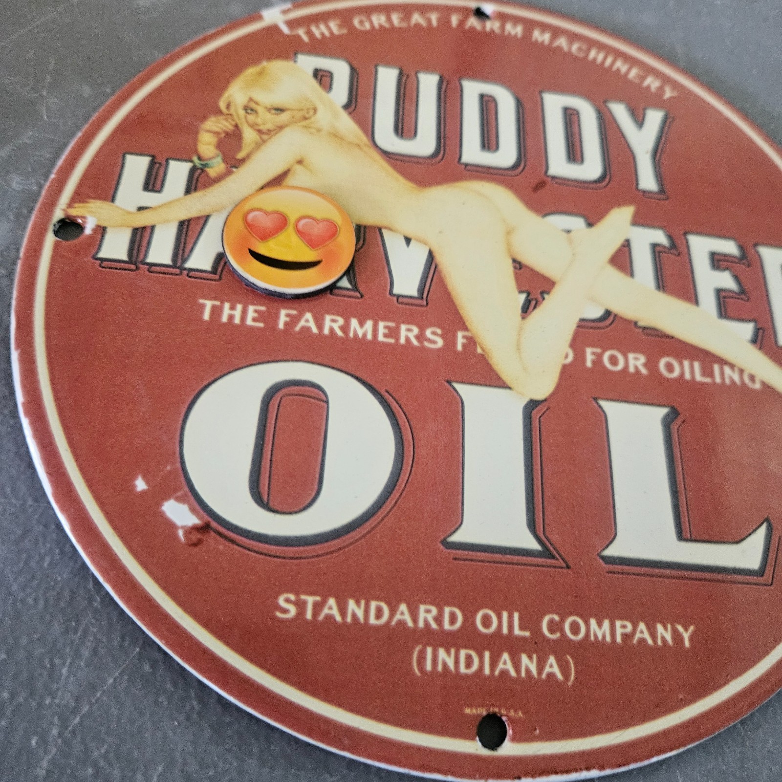VINTAGE PORCELAIN PIN UP GAS & OIL STATION PUMP PLATE GARAGE MAN CAVE SIGN