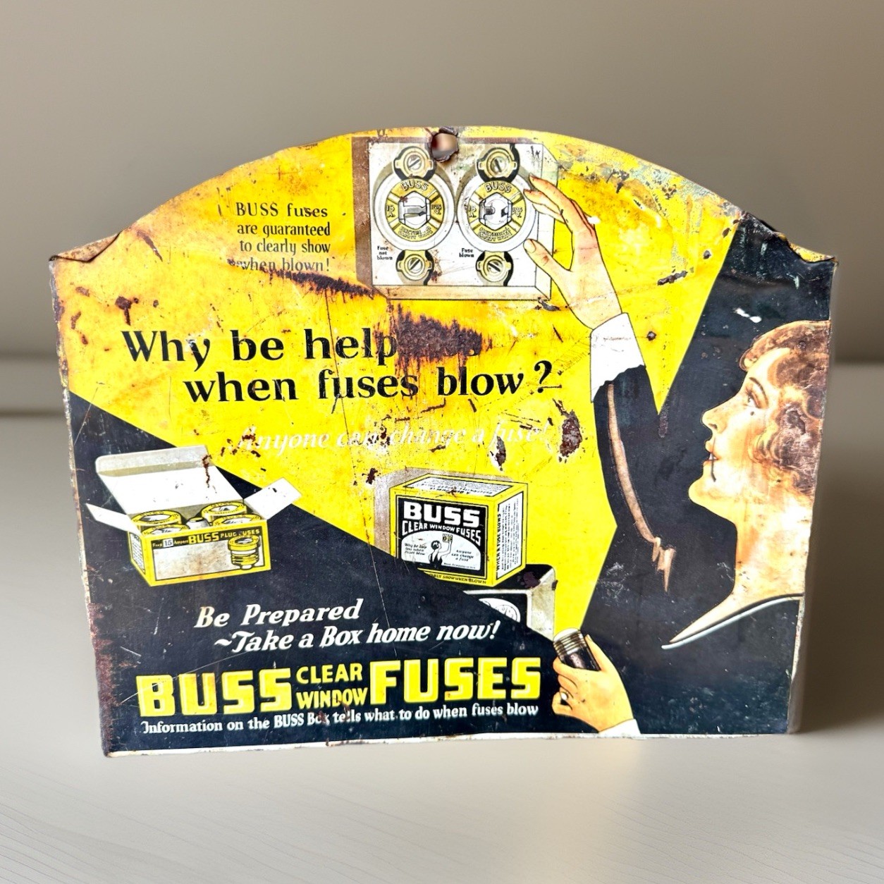Antique 20s BUSS Fuses Counter Top Display Sign Metal Cabinet Lady Graphics Rare