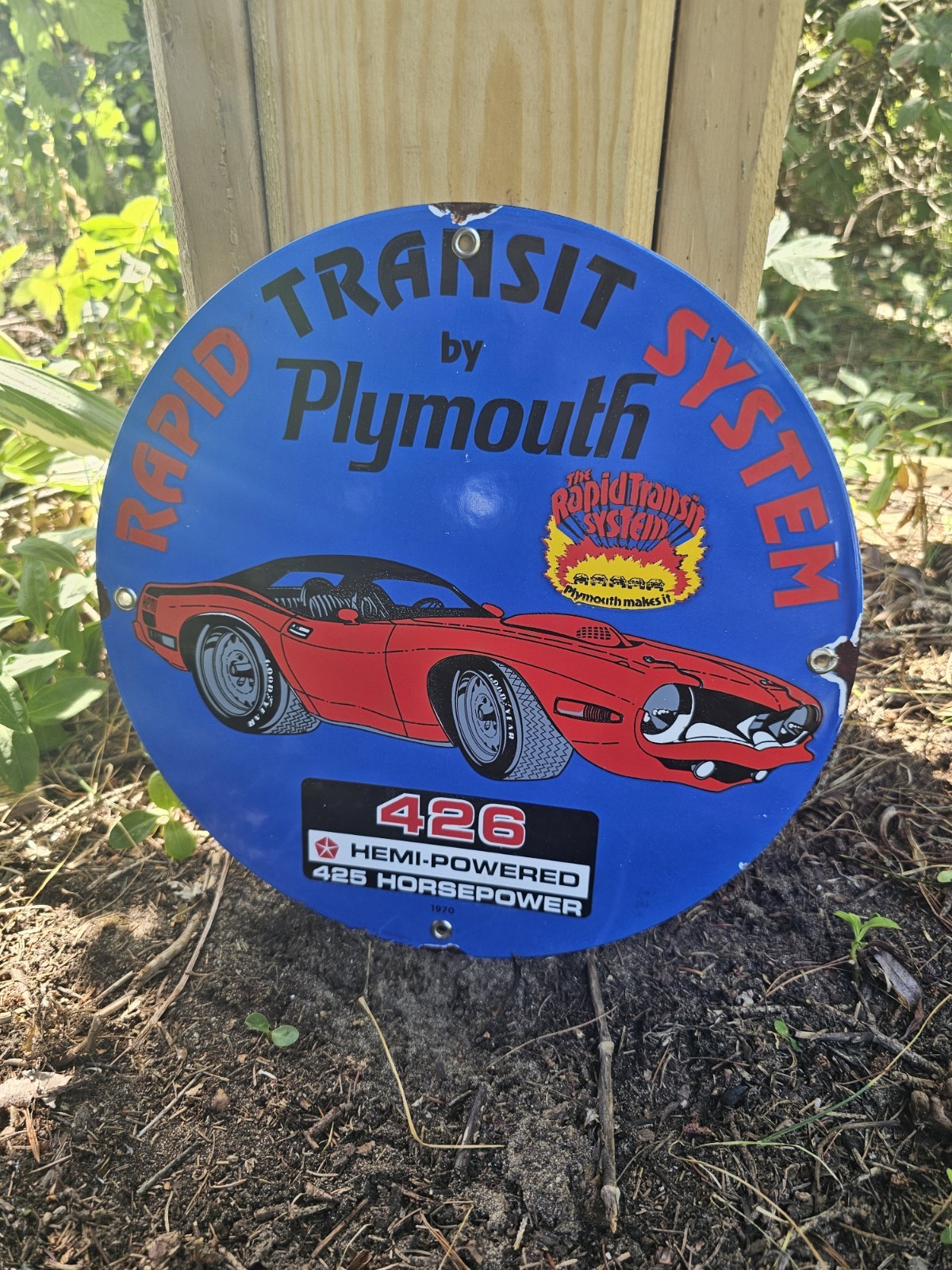 1970 VINTAGE ”PLYMOUTH” 426 HEMI 12 INCH PORCELAIN SIGN PUMP PLATE