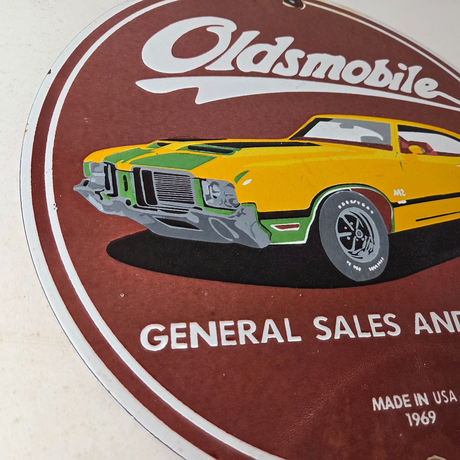 Vintage Oldsmobile General Sales Sign – Gas Pump Automobiles Porcelain Sign