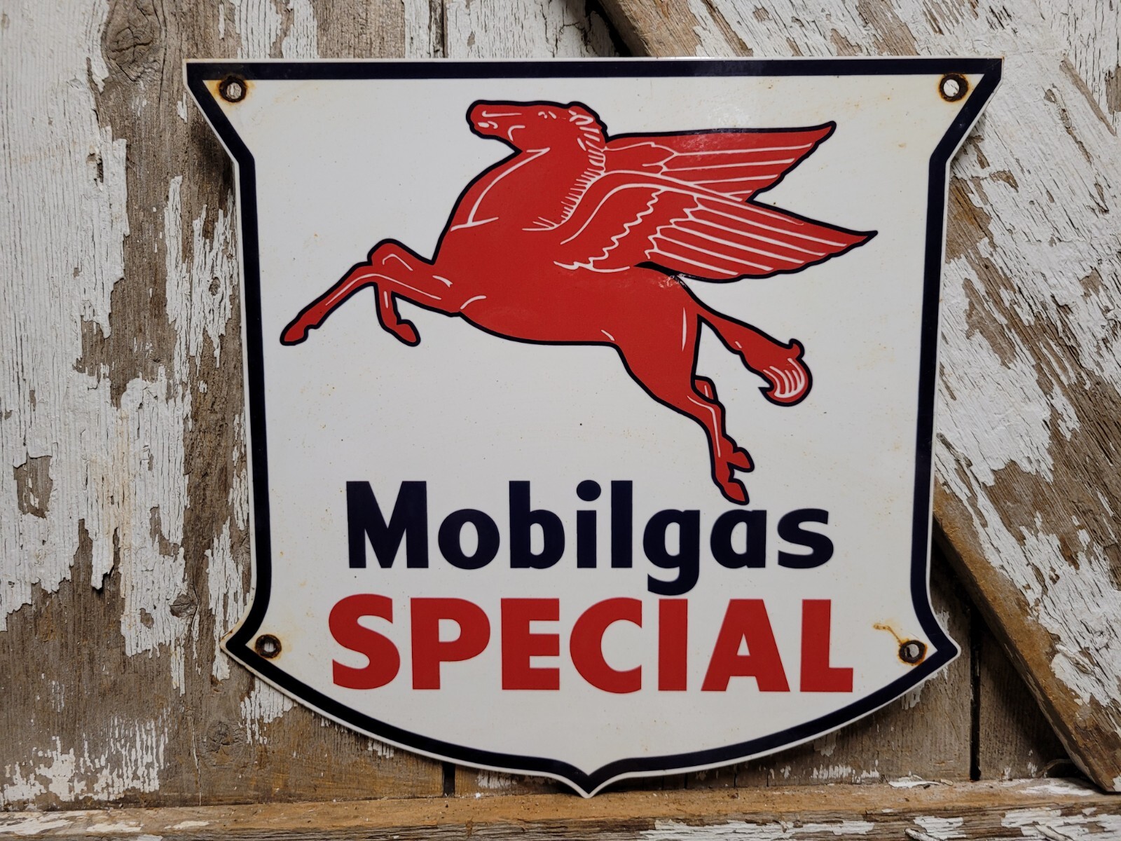 VINTAGE MOBIL PORCELAIN SIGN MOBILGAS SPECIAL DIESEL GAS STATION SHIELD PEGGY
