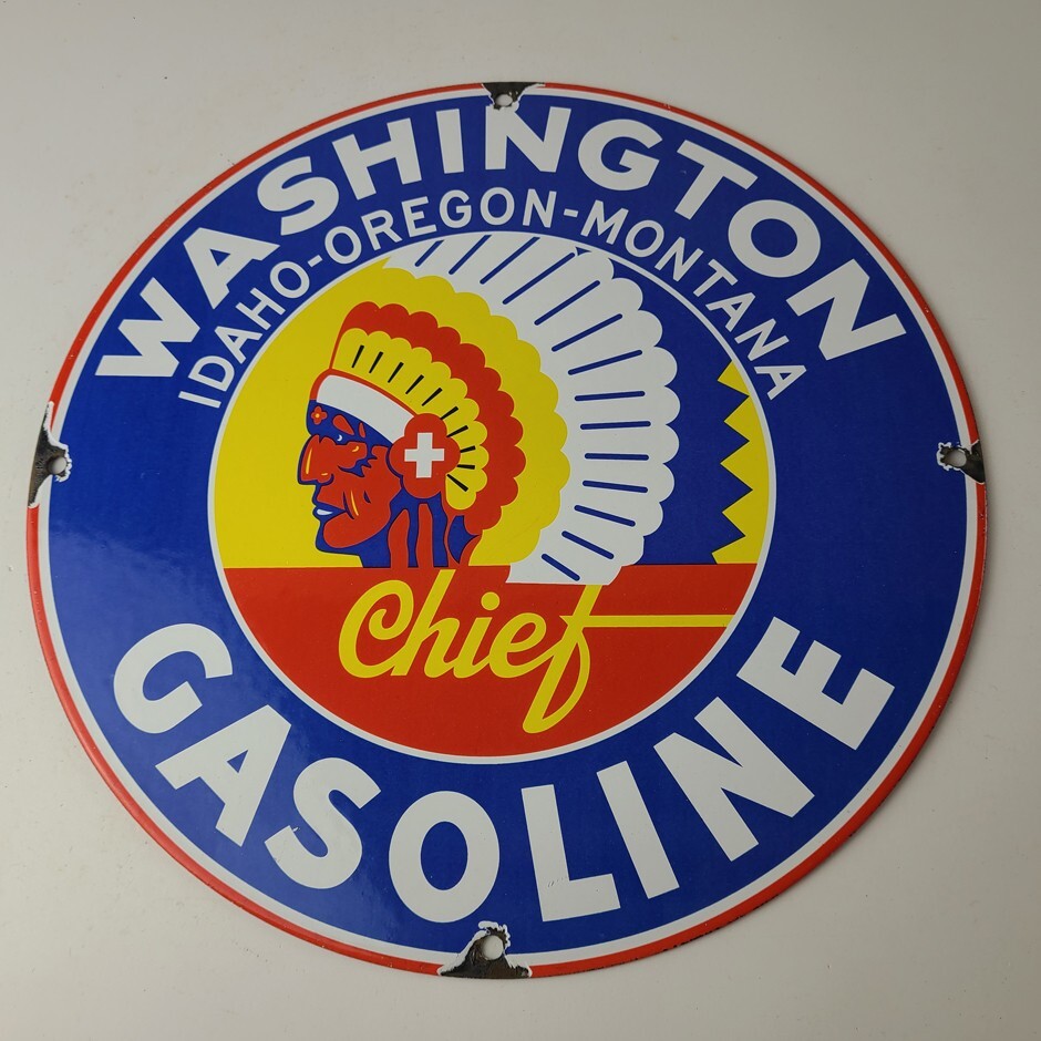 Vintage Washington Gasoline Sign – Indian Chief Gas Pump Porcelain Service Sign