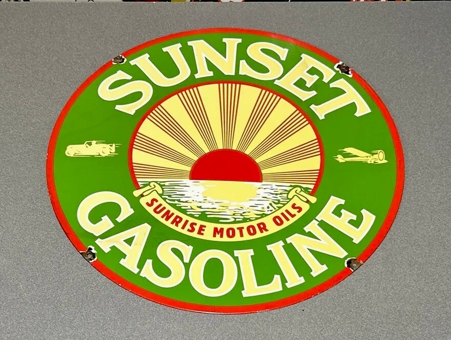 VINTAGE 24” SUNSET GASOLINE SUN DOUBLE SIDED DEALERSHIP PORCELAIN SIGN GAS OIL