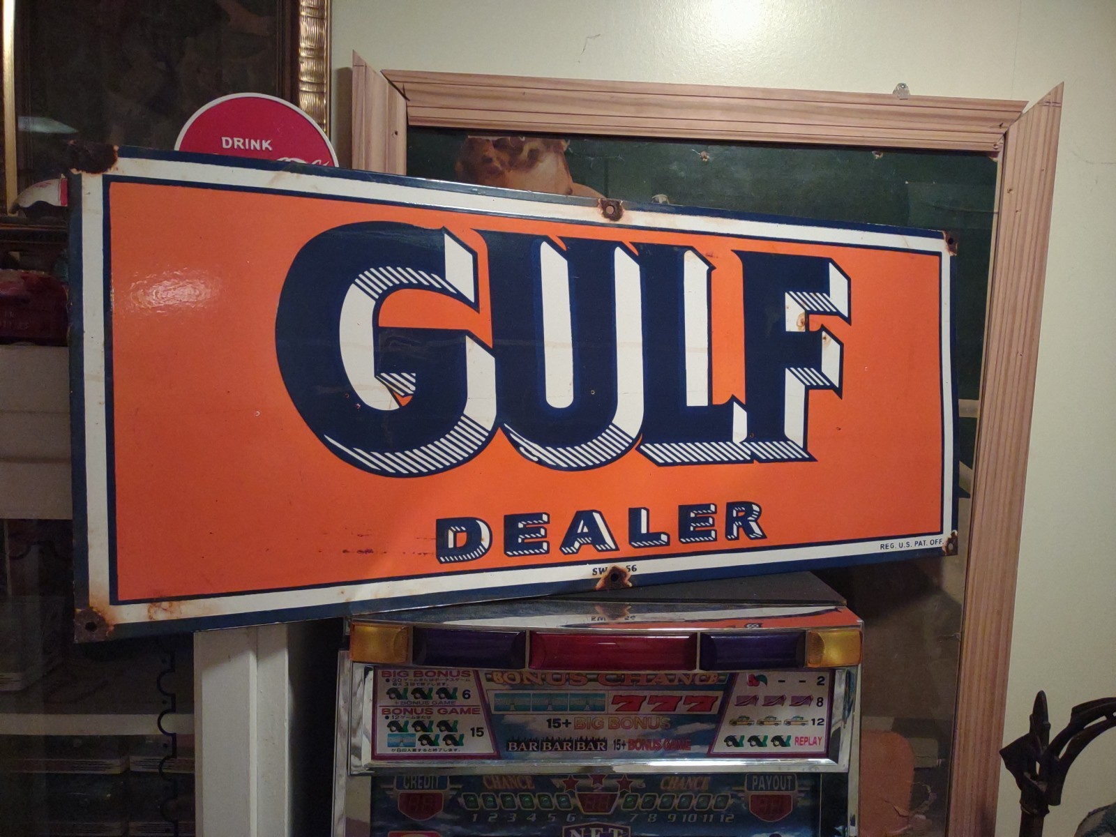 LARGE VINTAGE GULF MOTOR OIL PORCELAIN GAS OIL SERVICE STATION DEALER SIGN 3FT