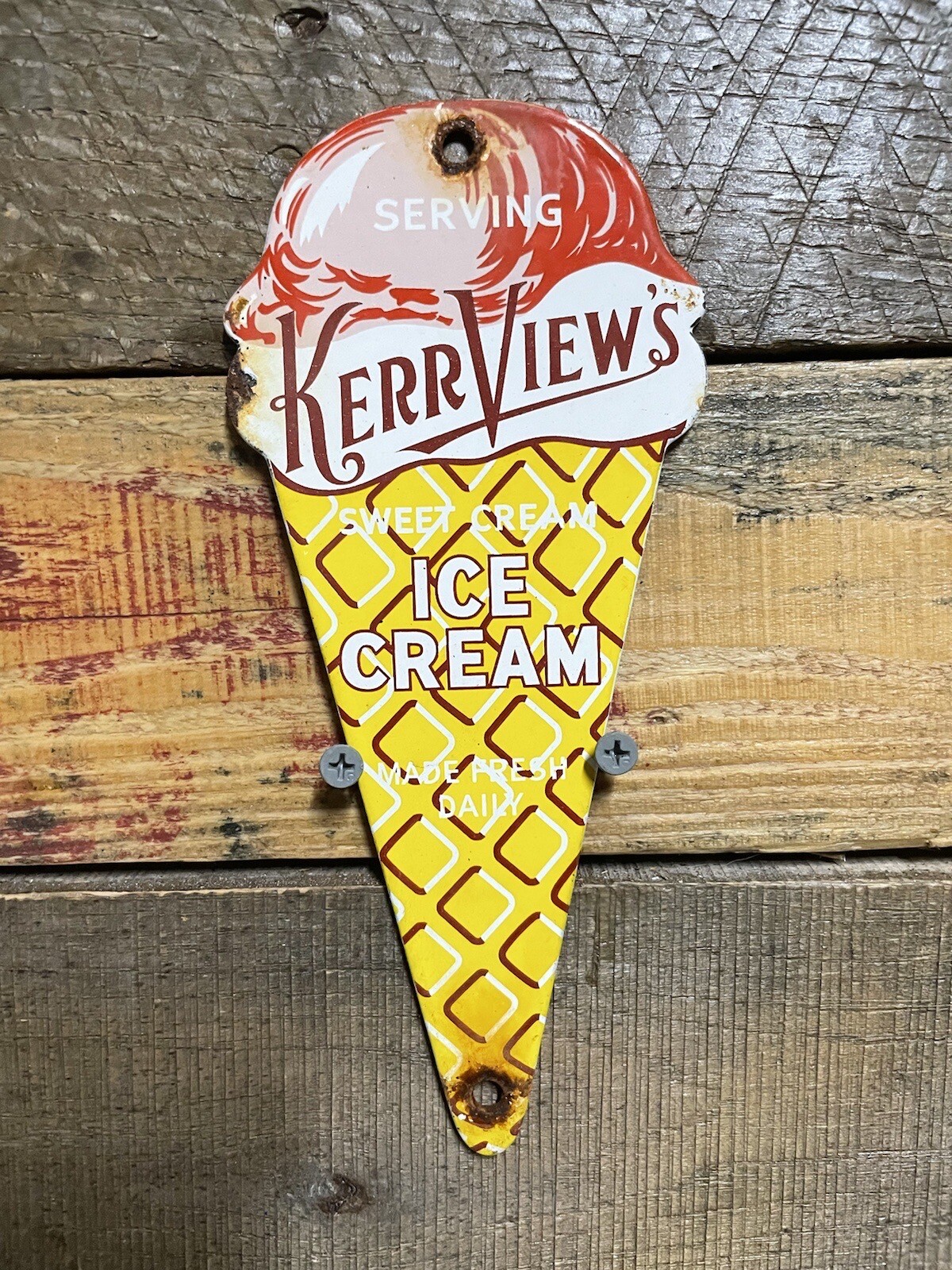 VINTAGE KERR VIEWS ICE CREAM PORCELAIN SIGN OLD COLLECTORS DESSERT CONE GAS OIL