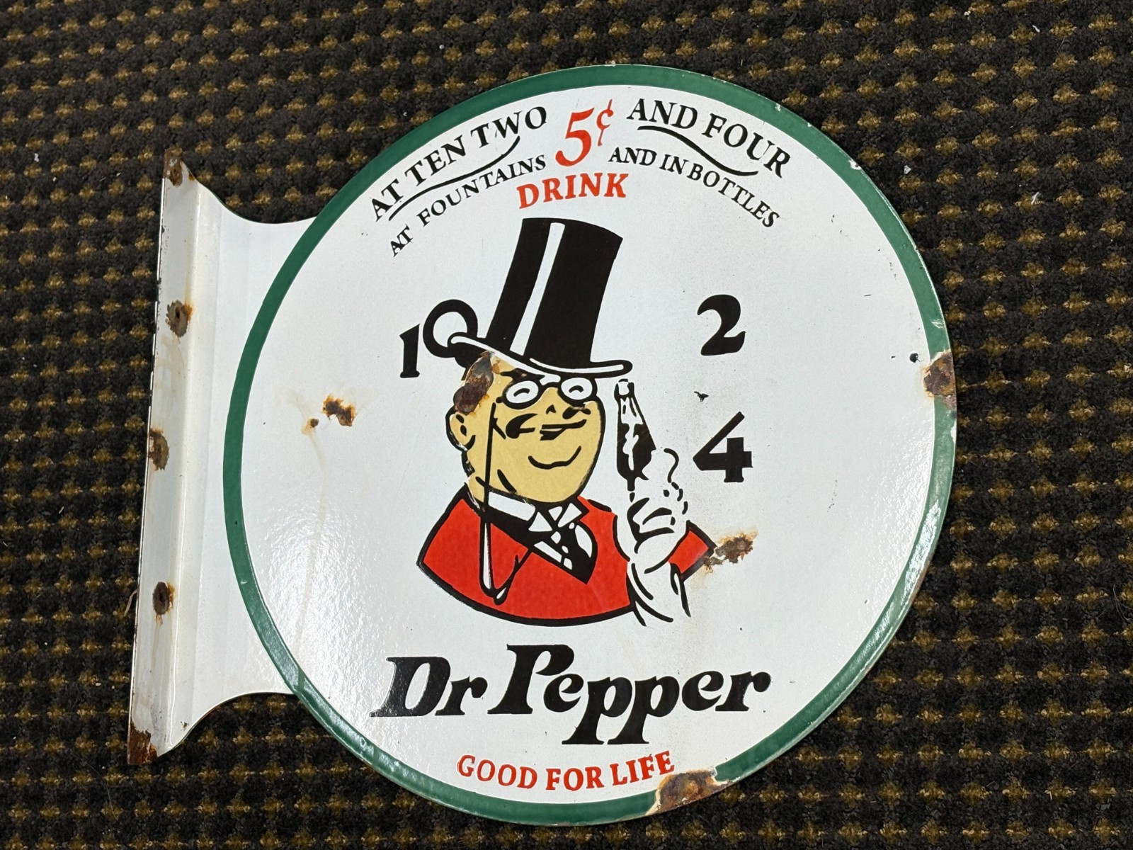 OLD “Dr PEPPER 10-2-4″ LARGE PORCELAIN FLANGE ADVERTISING SIGN, (19″x 18”) NICE
