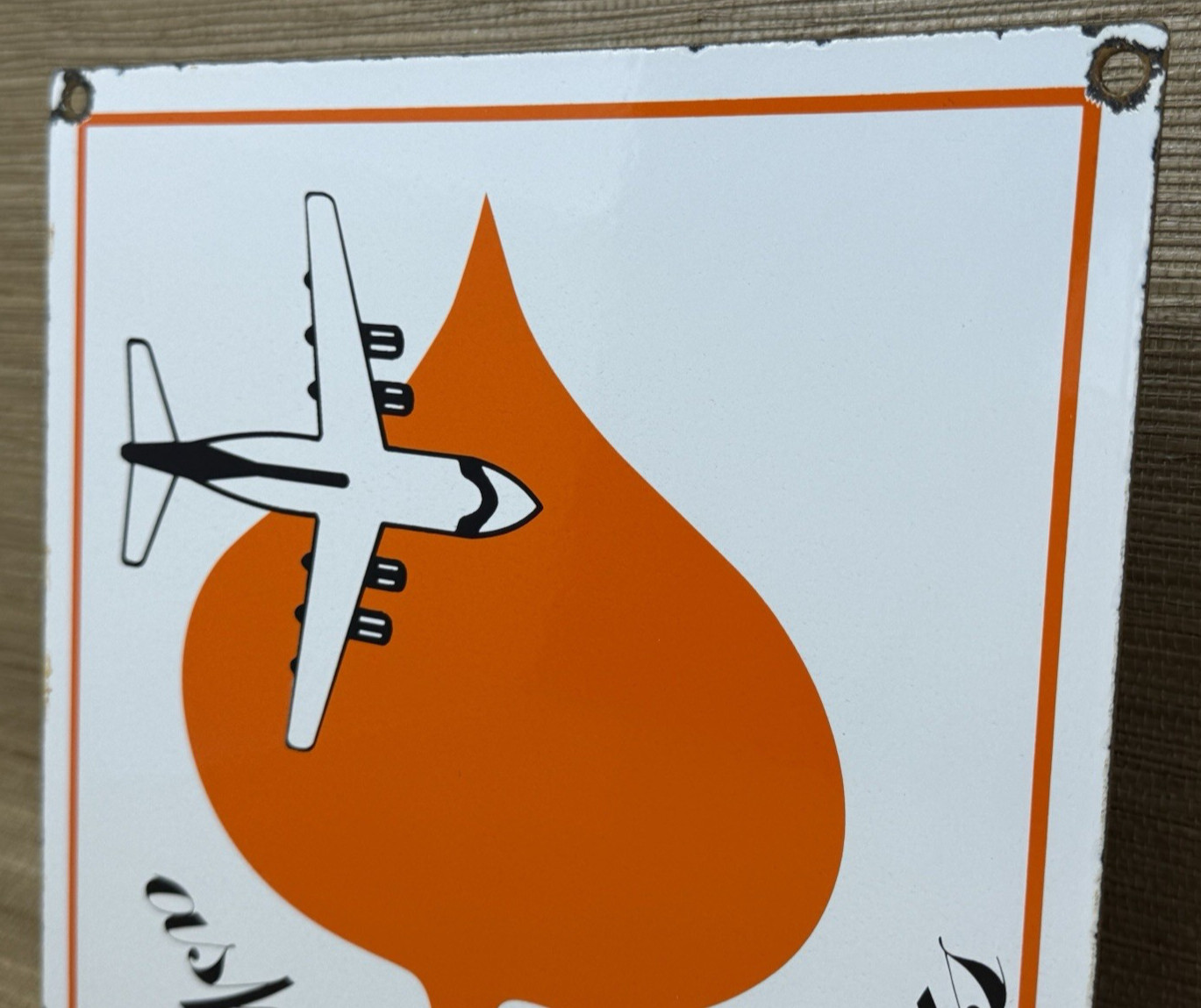 VINTAGE ASPEN AIRWAYS PORCELAIN SIGN GAS OIL AIRLINE AVIATION ORANGE LEAF PLANE