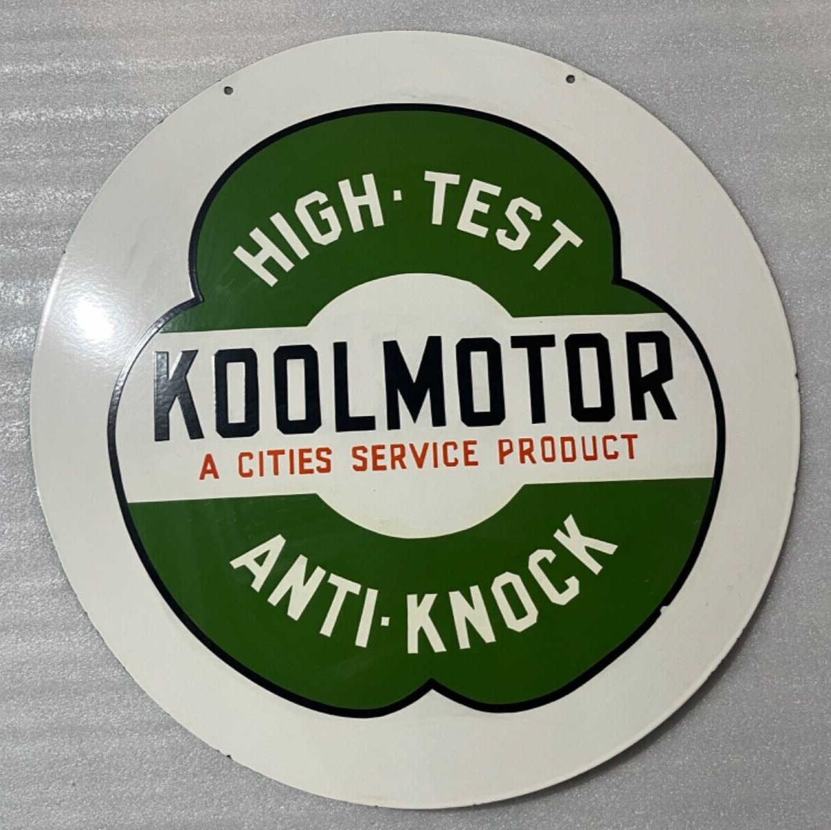 CITIES SERVICE KOOL MOTORS GAS & OIL PORCELAIN ENAMEL SIGN 30″ DSP.