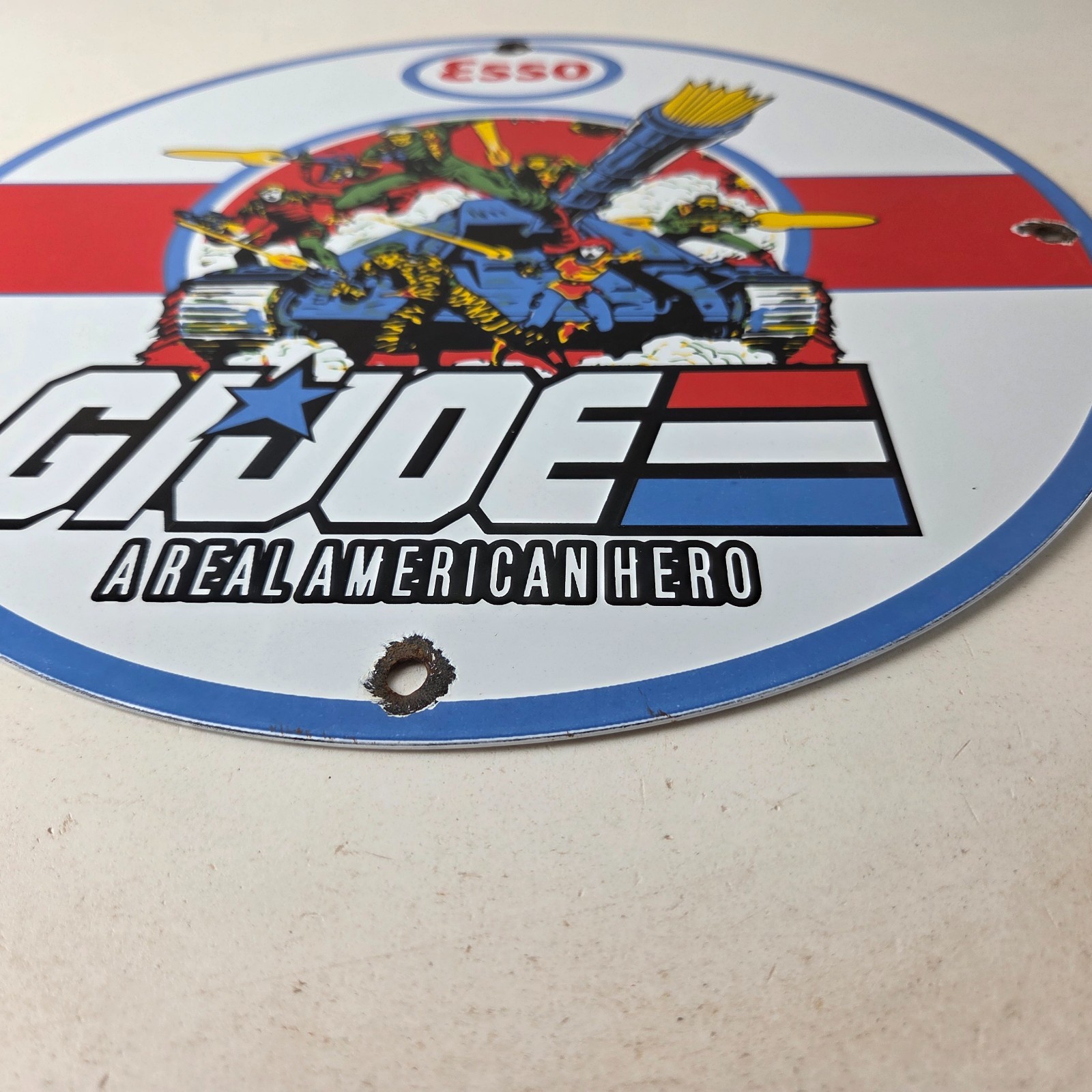 Vintage Esso G.I. Joe Tank Porcelain Sign – Real American Hero Gas Sign